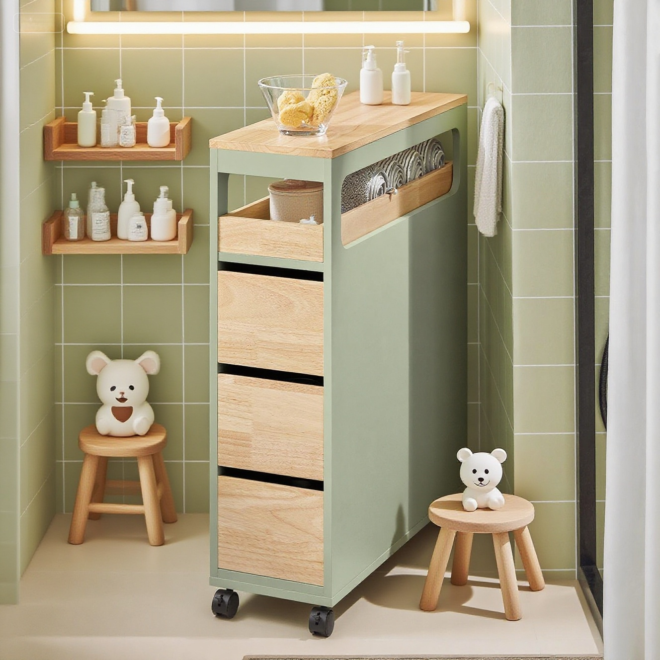 1pc Rolling Bathroom Cabinet, Narrow Bathroom Cabinet With 3 Drawers And Adjustable Shelf, Small Wooden Toilet Cabinet For Bathroom, Green, 65x24x82cm - Cas65-hs