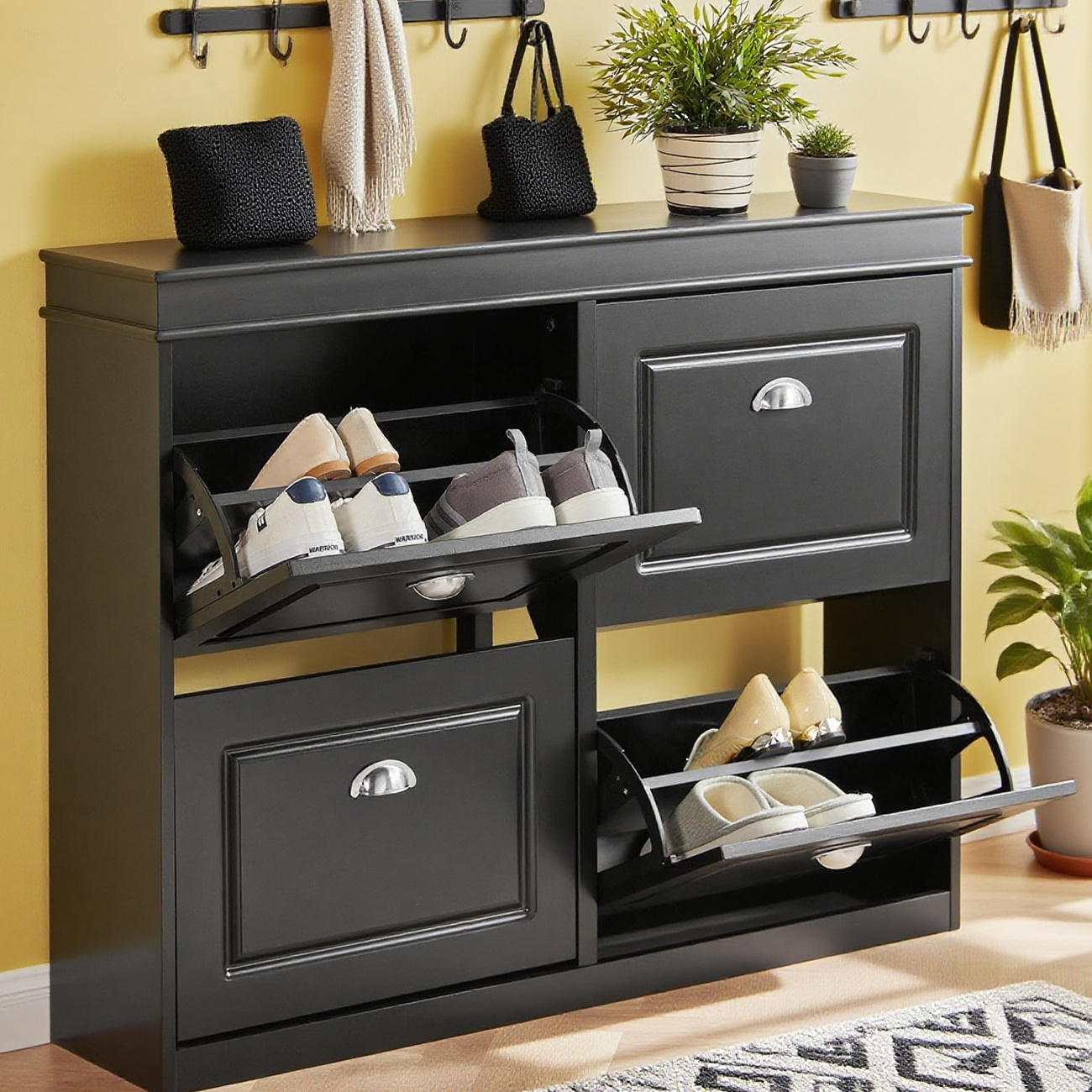 Image of 1pc Shoe Rack With 4 Flaps, Entryway Shoe Cabinet, Shoe Storage, Holds 16 Pairs, For Hallway, Entryway, 105x24x83 Cm, Black Gts90-