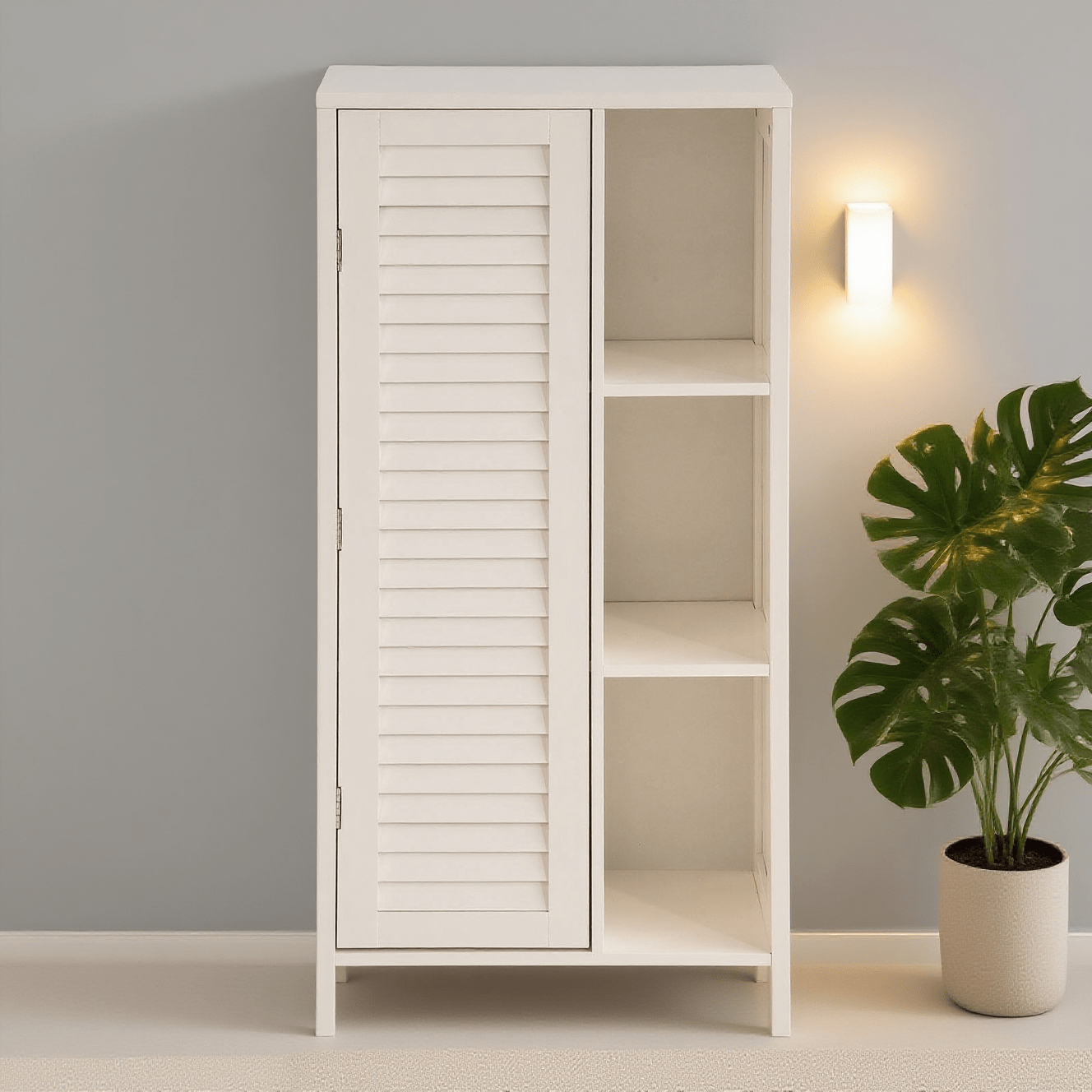 Image of 1pc Of High Cabinet For Bathroom – Minimalist Bathroom Furniture, Narrow Bathroom Fixture With Louvered Door And 3 Shelves – Storage Cabinet For Kitchen, Toilet, White, 48 X 24cm - Cas50-x
