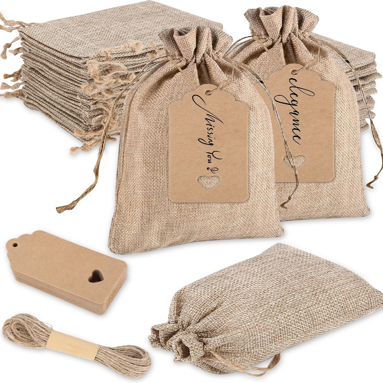 E-shop Packung mit 50 Jutesäcken 15 x 10 cm mit Kordelzug, Leinenbeutel, Stofftasche, Klein, Jutesack, Blanko mit Kordelzug und Geschenkanhänger, für