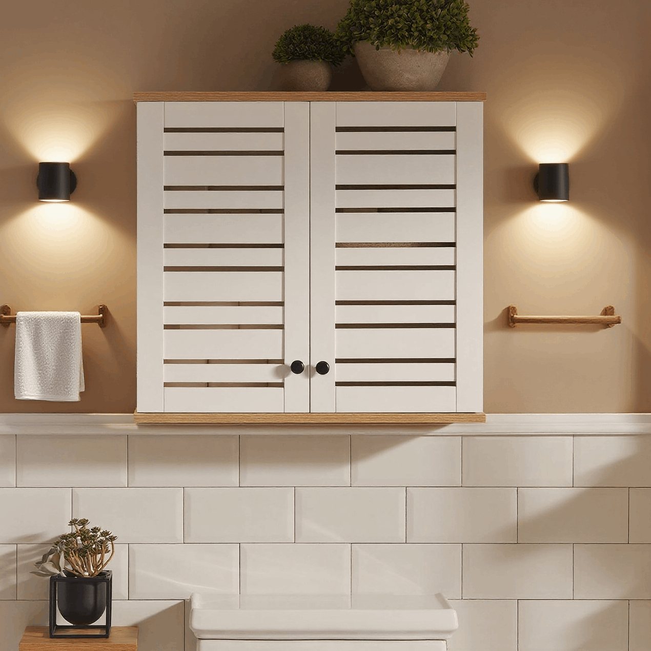 TEMU 1pc Meuble Haut Salle de Bain Armoire Suspendu avec Portes Persiennes et Étagères Réglables Etagere Murale pour Salle de Bain, Cuisine et
