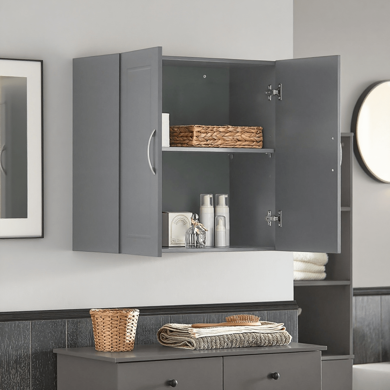 Image of 1pc Tall Bathroom Wall Cabinet With Adjustable Shelf And Door, Compact Wall Storage For Bathroom, Toilet, Or Kitchen, Grey, 60x30x60 Cm - Gsh342-eh