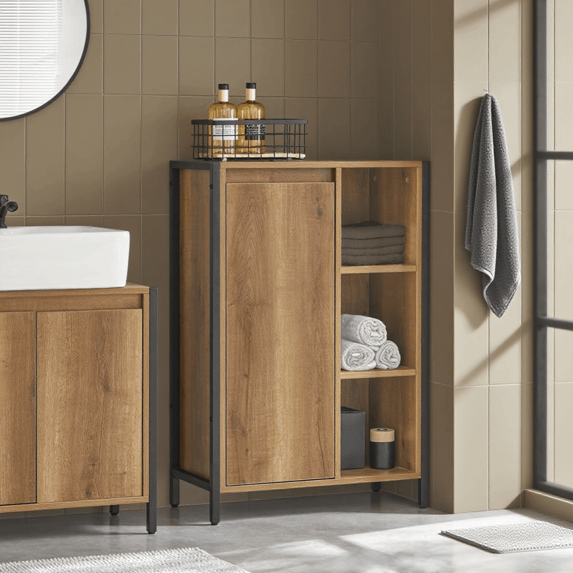 Image of 1-piece Bathroom Furniture With Laundry Basket, Small Bathroom Shelving Unit With Open Shelves And Removable Basket – Compact Toilet Cabinet Wc Shelf 60x30x90 Cm - Cas76-qg