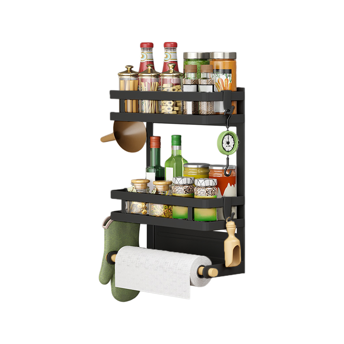® Spice Rack, Spice Organizer, Cabinet Organizer, 2-tiered Magnetic Spice Rack With Kitchen Roll Holder, Metal Kitchen Spice Organizer Shelf For Refrigerator (black 2-tier)…