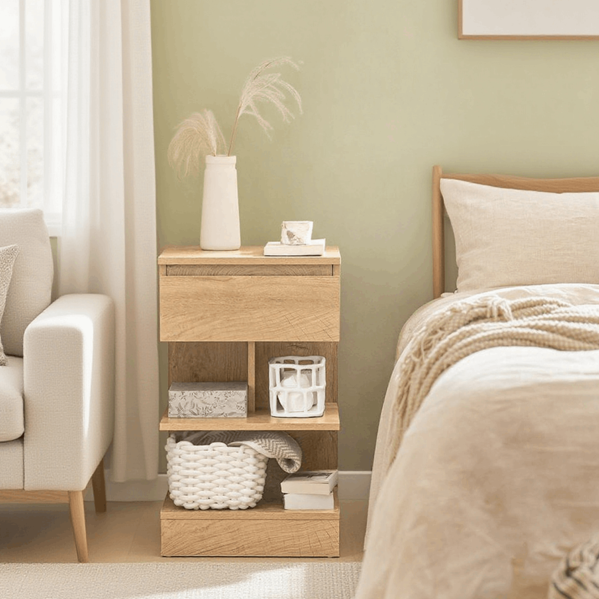 TEMU 1 Nuit Table Meuble d'appoint de rangement avec 1 Tiroir 2 Étagères ouvertes 'organisation pour Chambre Salon Bureau Bois Naturel 39X39X65Cm