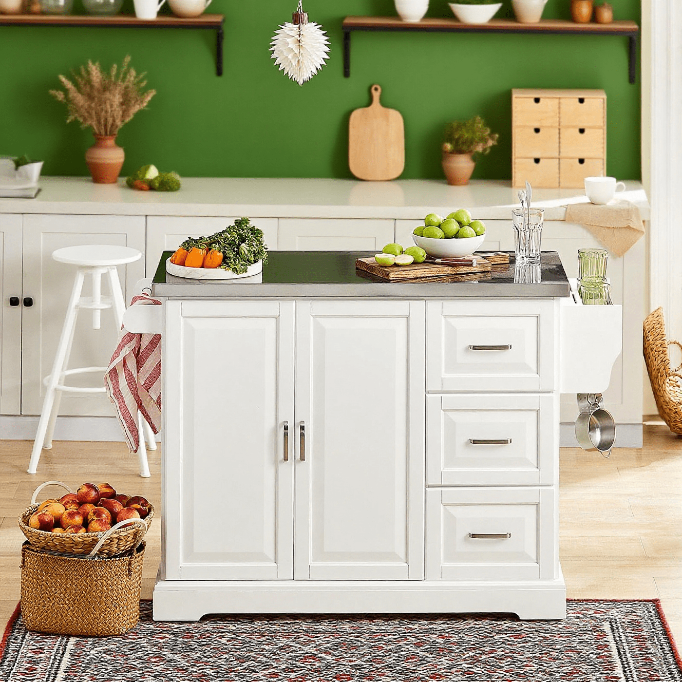 Image of 1-piece Kitchen Cart With Wheels, Central Island With Extendable Worktop, 2 Drawers, And Adjustable Shelves, For Kitchen Or Dining Room, 130 X 46 (+25) X 91 Cm, Fkw41-st - Glx52-tu