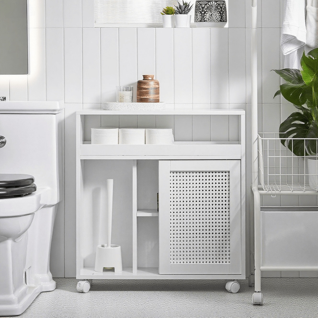 1pc Compact Rotating Toilet Cabinet, Narrow Bathroom Storage Unit On Wheels, Wooden Toilet Paper Holder With Adjustable Shelves, White, 65 X 20 X 70 Cm - Cas220-x