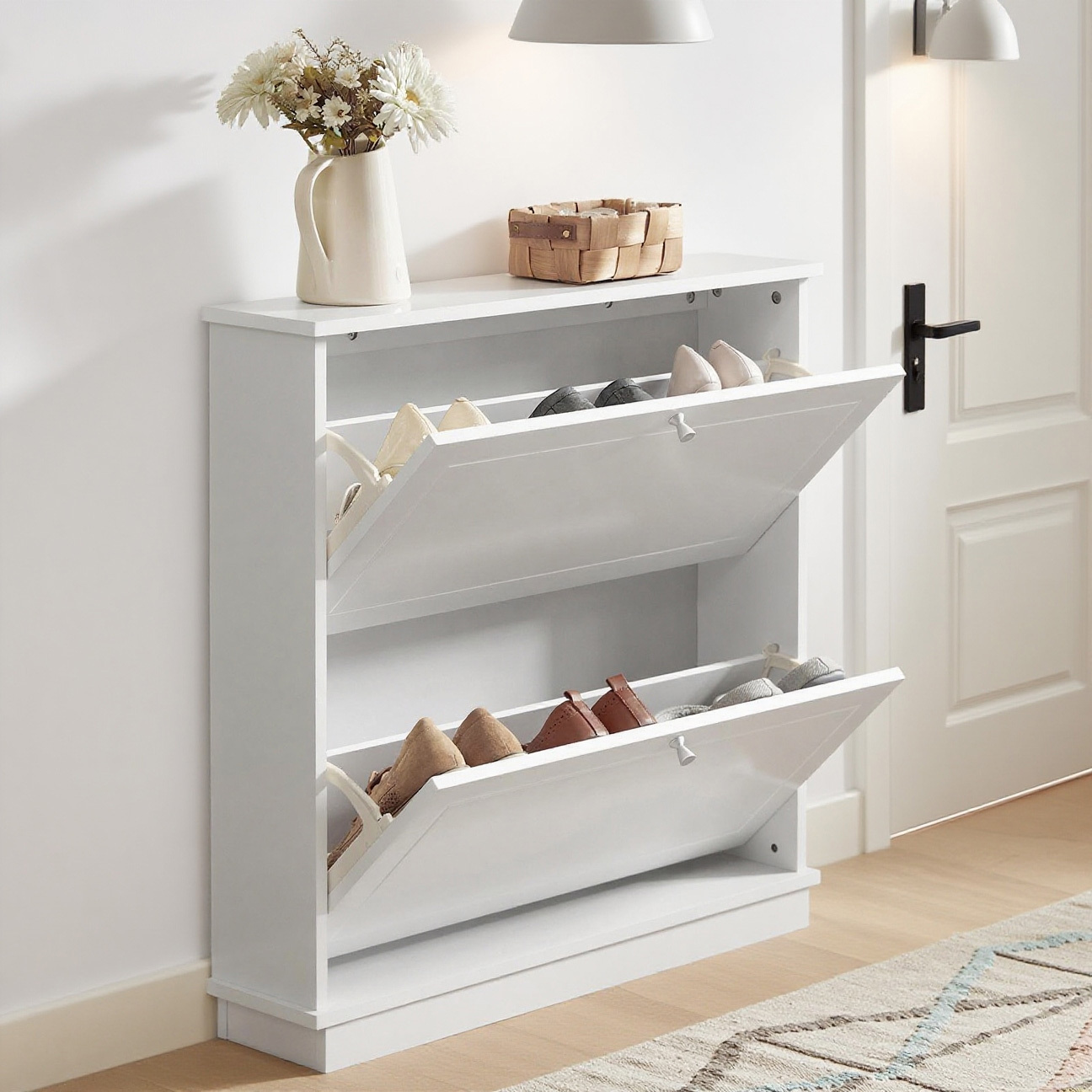 Image of 1pc Mobile Shoe Rack For Entryway - 2 Sleek Lids, Space- + Compact Storage For 8 Pairs - For Apartment Hallway - White 76x18x78cm - Gts10-x