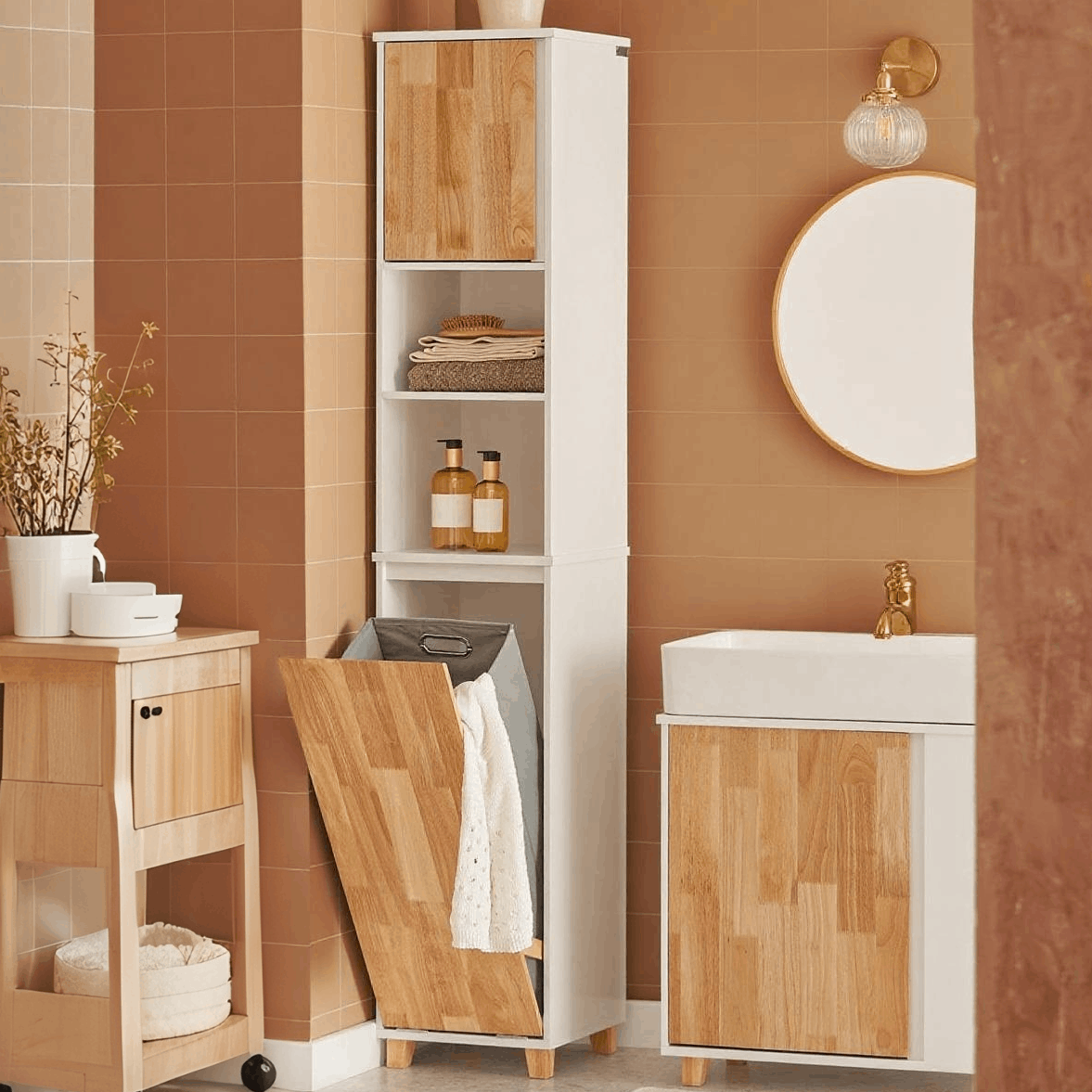 TEMU 1pc Mobile Bathroom Column - Tall Bathroom Cabinet With Folding Linen Basket - Moisture-resistant Wooden Wc Cabinet, White-natural, 31x170x32 Cm