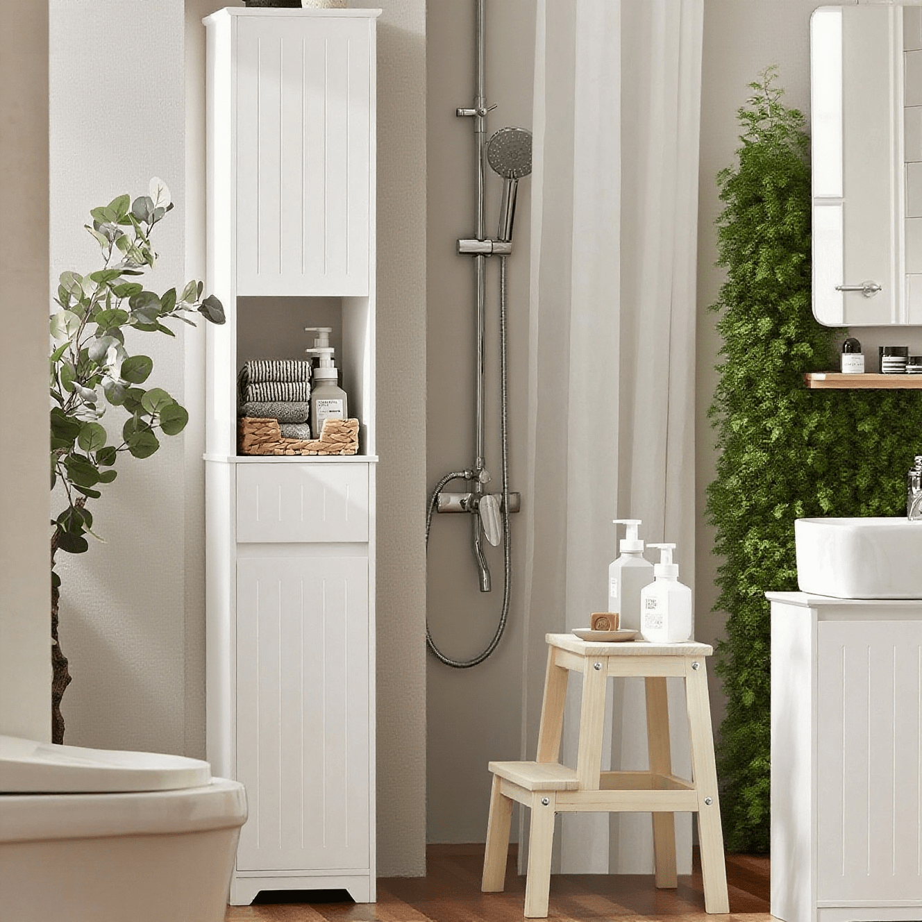 Image of Bathroom Storage Space 1pc Mobile Bathroom Column - Tall Cabinet For Narrow Bathroom With Adjustable Shelves And Open Compartment - Wooden Living Room Cabinet, White, 30 X 170 X 30 Cm - Cas210-x