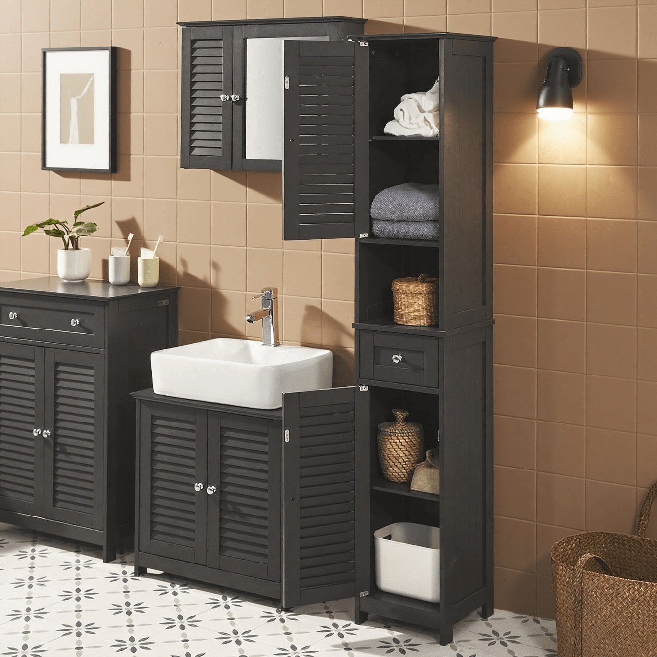 1pc Of Bathroom Column Furniture, Tall Cabinet With 2 Doors, 1 Drawer And Open , Storage Furniture For Bathroom, Wc, Sdb, Toilet Or Kitchen 32x170x30cm - Gsh347-eh