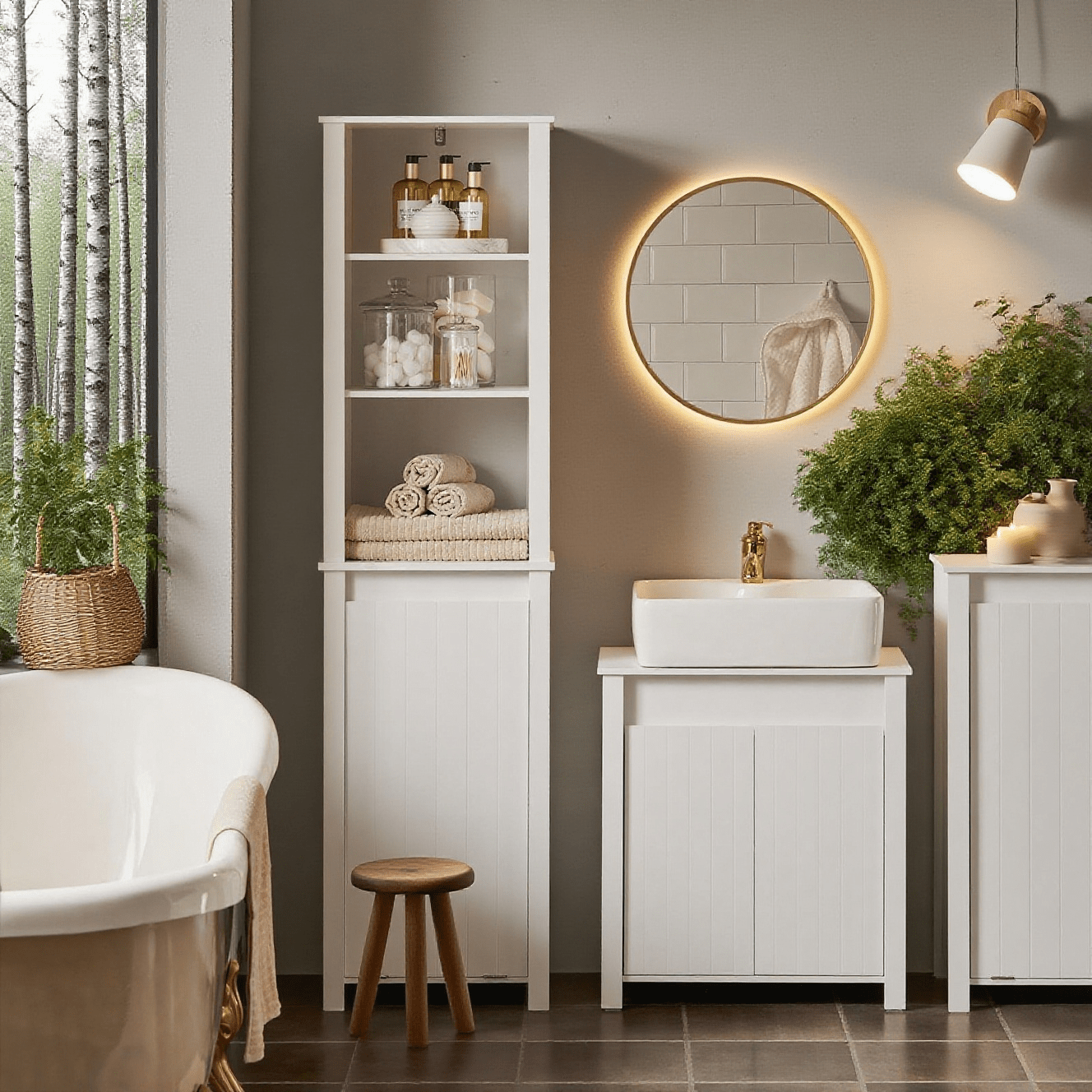 Image of 1pc Bathroom Mobile Column With Laundry Basket, Tall Wooden Cabinet, Narrow Wall Cabinet With 3 Shelves And 1 Removable Laundry Bag, White, 45 X 35 X 171 Cm - Cas213-x