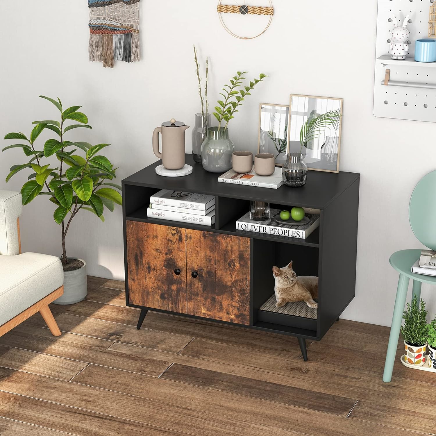 Image of Cat Litter Box Enclosure, Hidden Cat Washroom Furniture Door Cabinet, Pet House Furniture For Indoor Cats