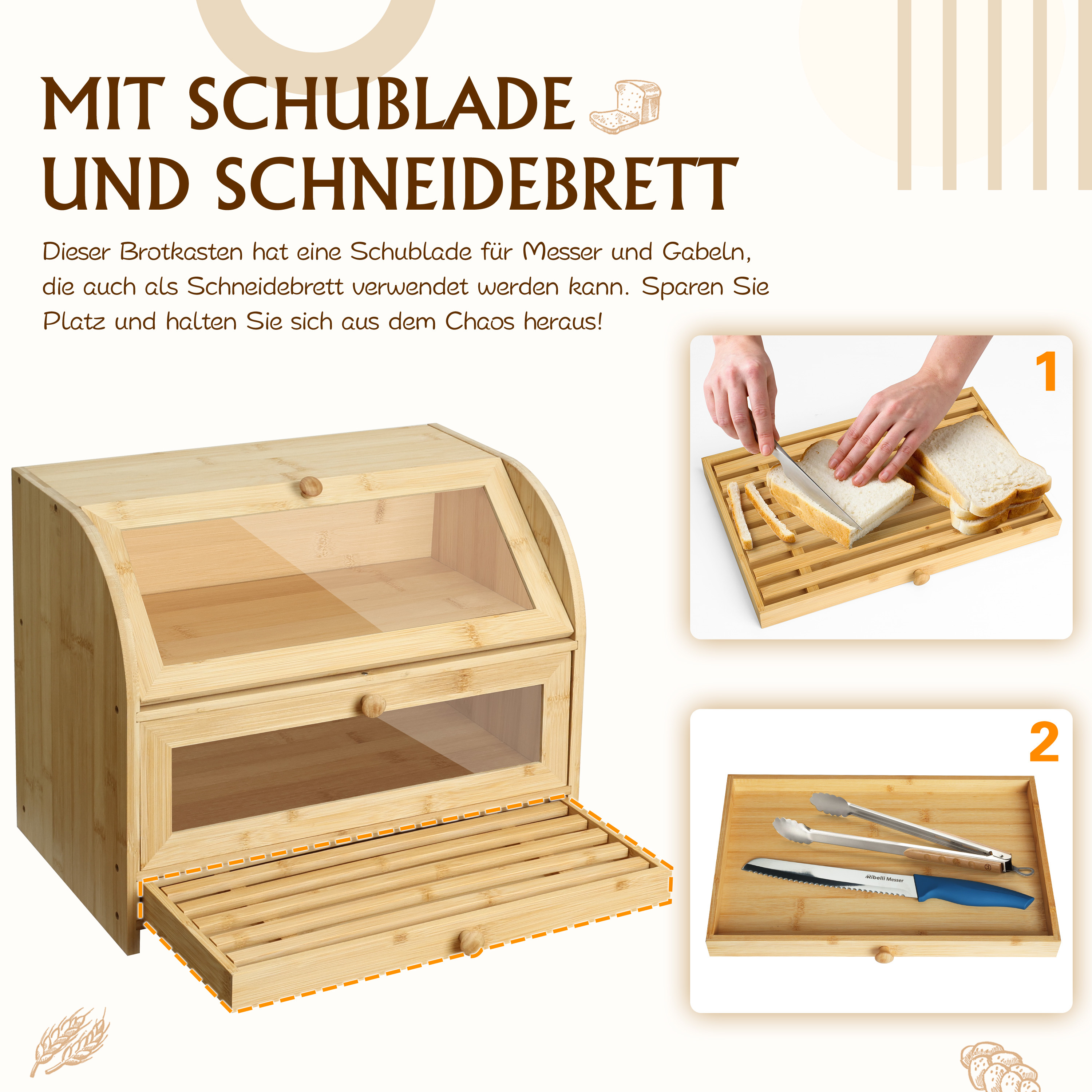 Bamboo Bread Bin With Drawer & Cutting Board, 2-tier Transparent Window, Fresh-keeping Bread Box For Bread, Toast & Pastries, Large Capacity