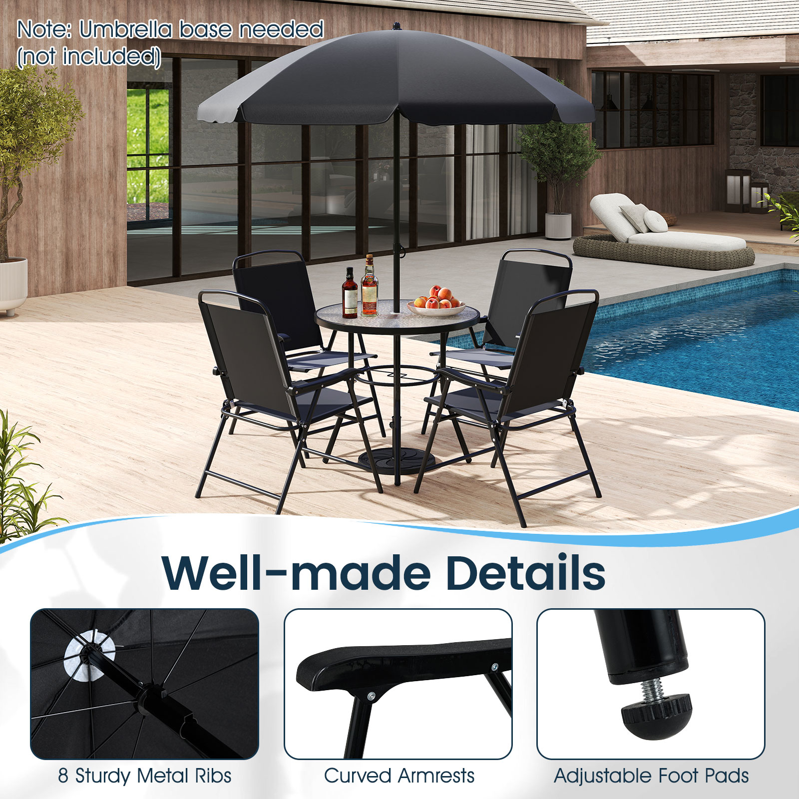 6 Piece Outdoor Dining Set With Umbrella, Patio Round Table And Folding Chairs For 4 With Tempered Glass Tabletop