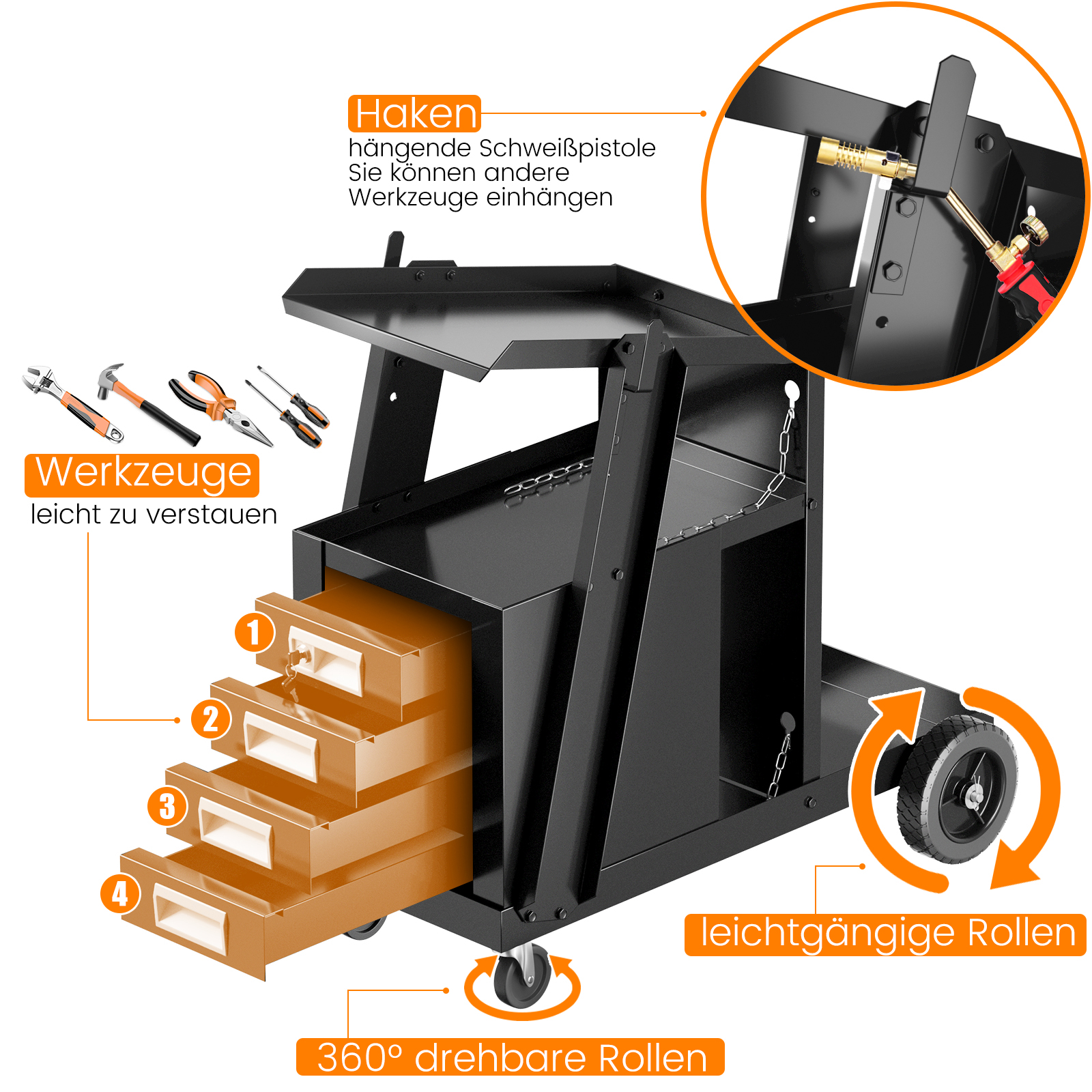 Image of Rolling Welding Cart, 4 Drawer Welder Cart With Tank Storage And Safety Chain, Heavy-duty Metal Welding Trolley