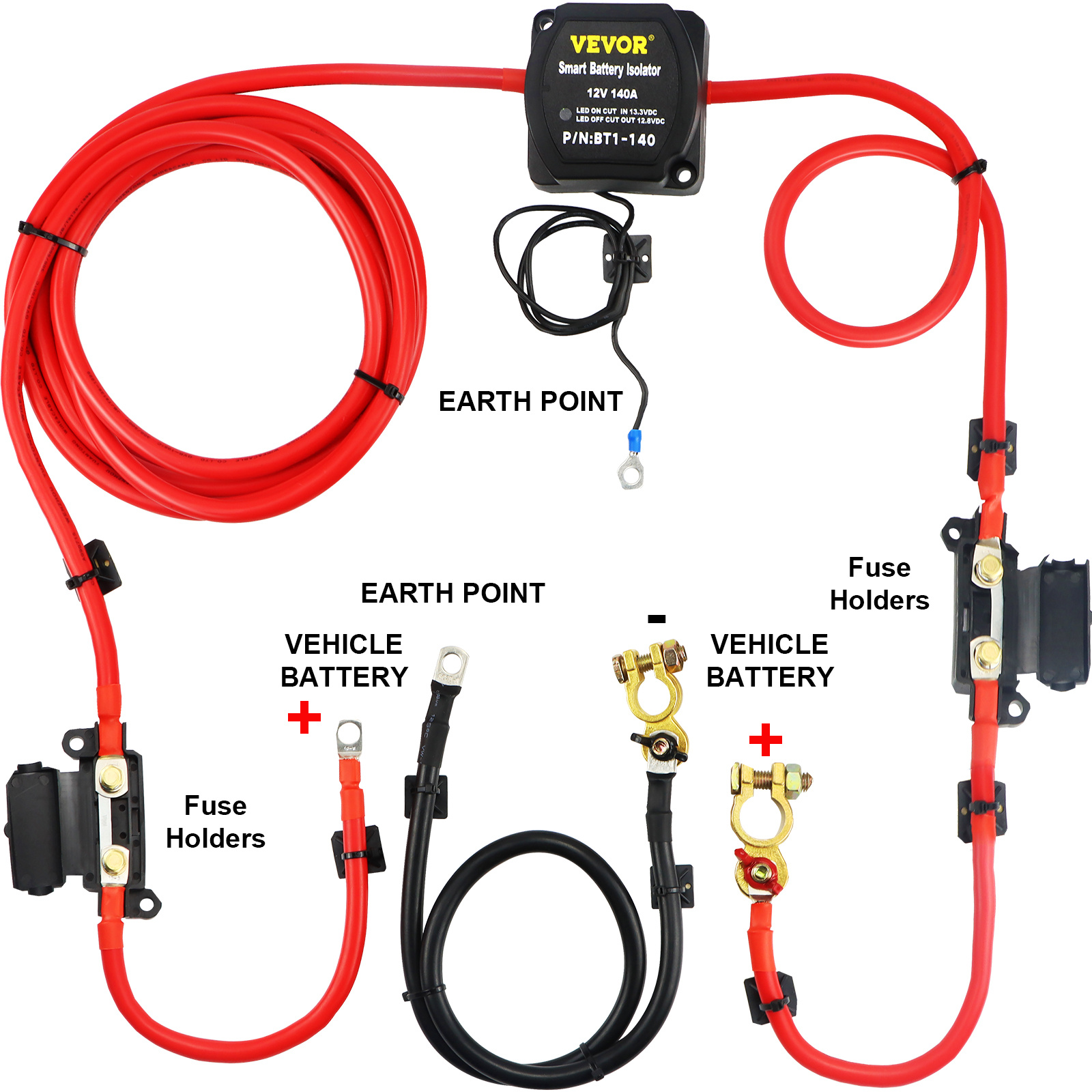 Image of Vevor Split Charge Relay Kit, 5mtr 12v, Automatic Dual Battery Isolator Kit With 140amp Voltage Sense Relay Vsr, Compatible With Rv Marine Car Vehicle Truck Yacht Atv Utv Boats Workshop