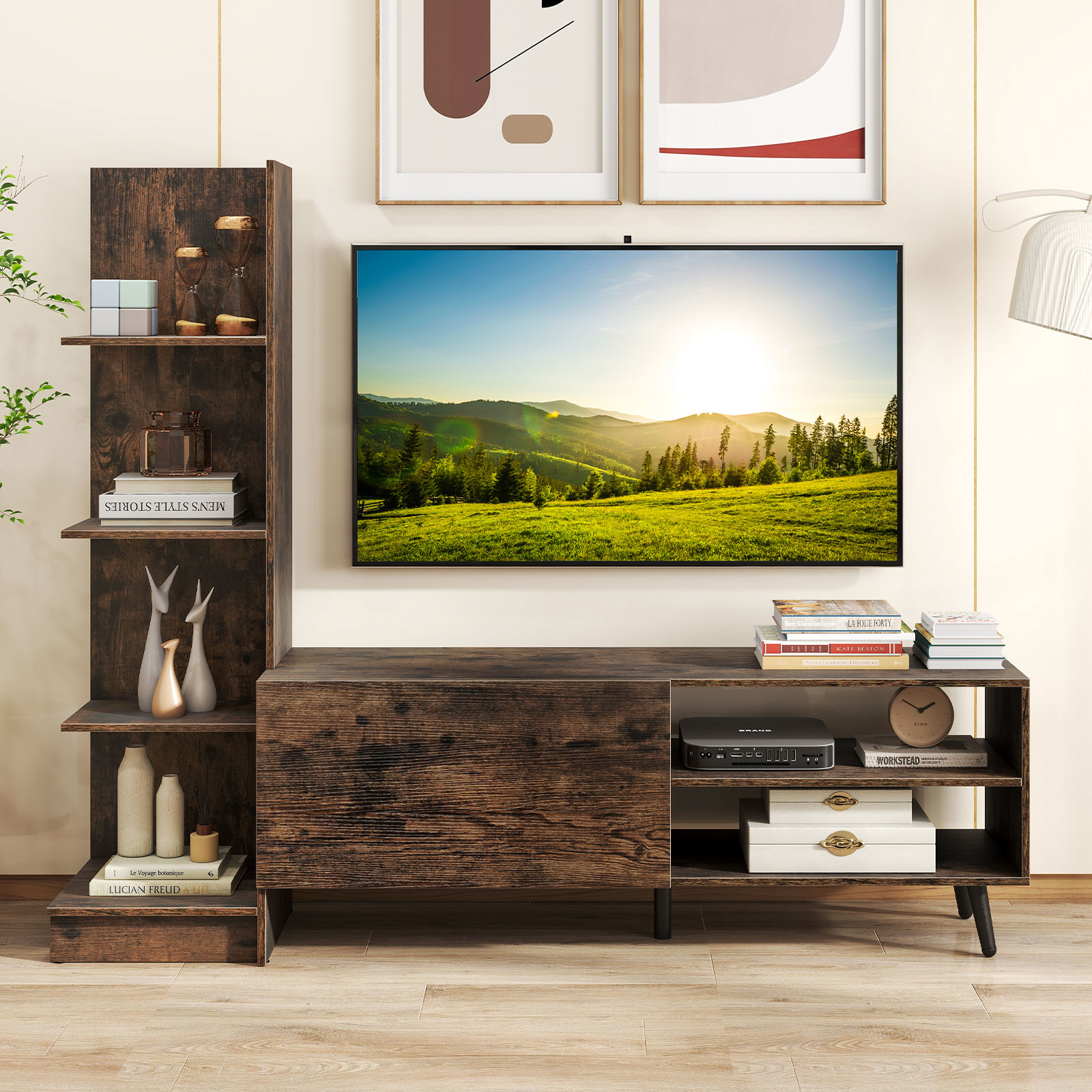 Image of Tv Stand For Tvs Up To 50 Inches, Entertainment Center With Bookshelf & Adjustable Shelf, Media Console Table, Modern Mid Century Tv Cabinet For Living Room Entryway Bedroom, Brown