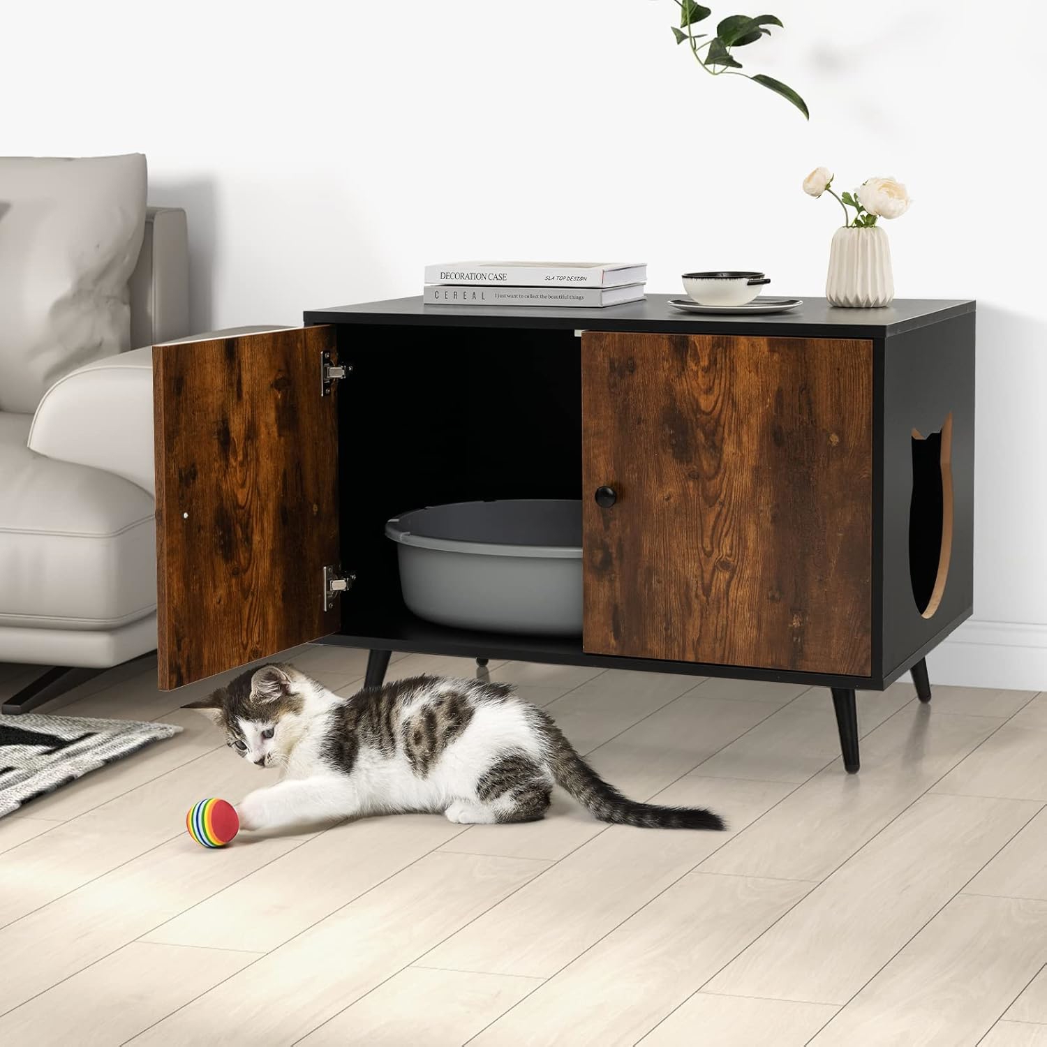 Cat Litter Box Enclosure, Divider, Sturdy Metal Legs, Modern Wood Pet Crate Storage Cabinet