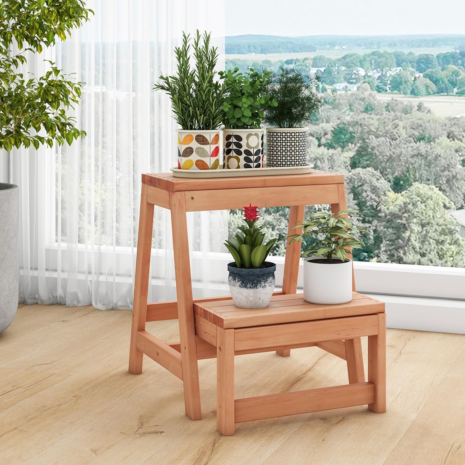 Image of Wood Folding Stool, Multipurpose Bedside Ladder For Kids & Adults, Portable Lightweight Display Ladder Storage Shelf For Kitchen, Bedroom, Indoor Outdoor Plant Stand, Natural