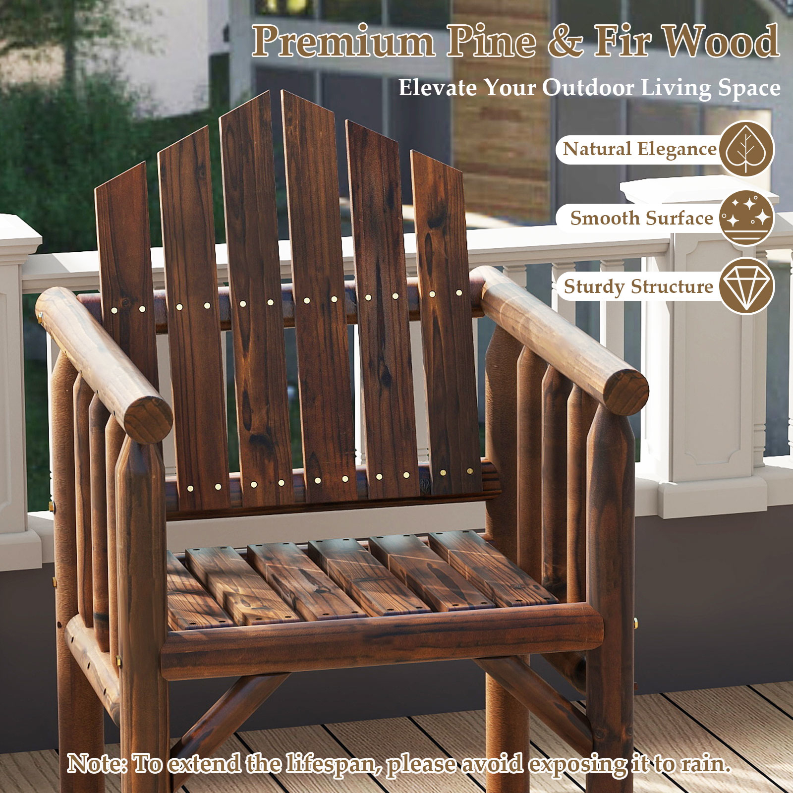 Image of Outdoor Wooden Chair With Comfortable Armrests And High Reclined Backrest, Garden Chair, Load Capacity 150 Kg