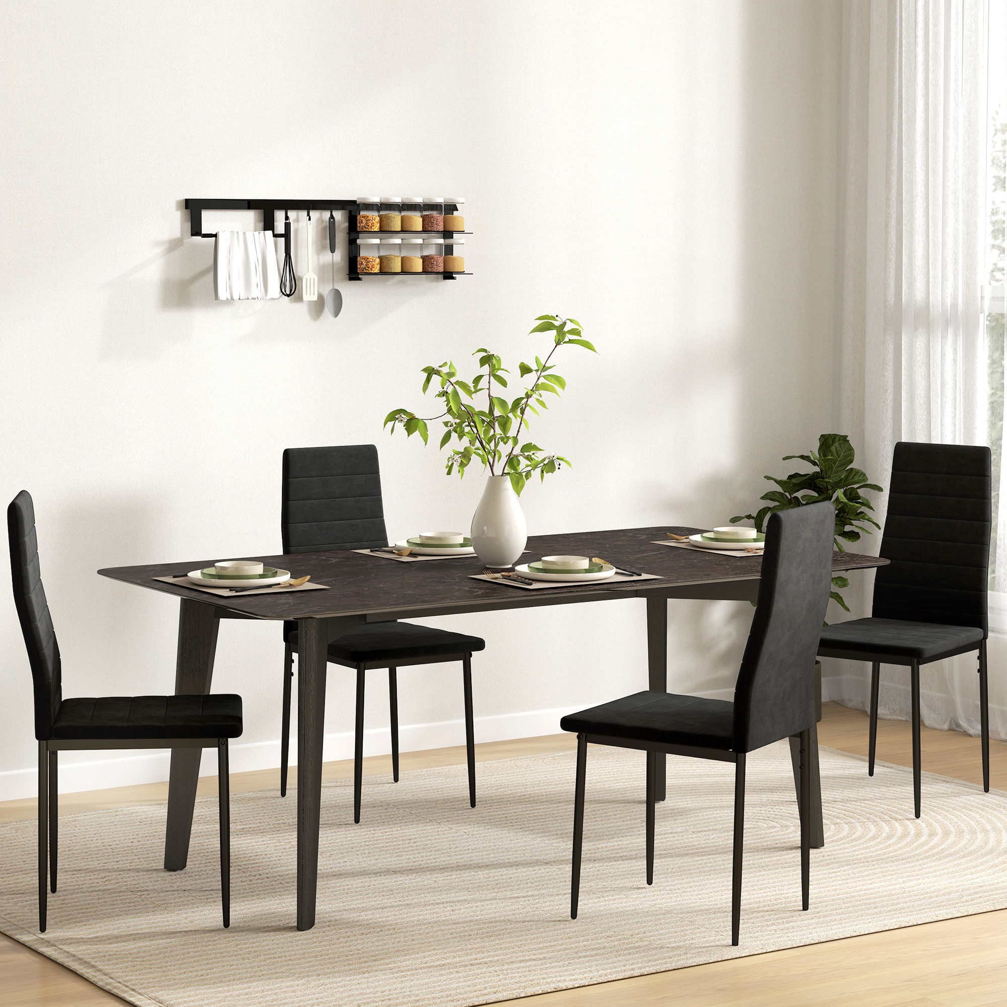 Dining Chairs 4-piece Set, Kitchen Chairs With Backrest, Velvet-look, Armless Chairs, Upholstered Chair With Metal Legs, Armchair For Dining Room, Living Room, Black