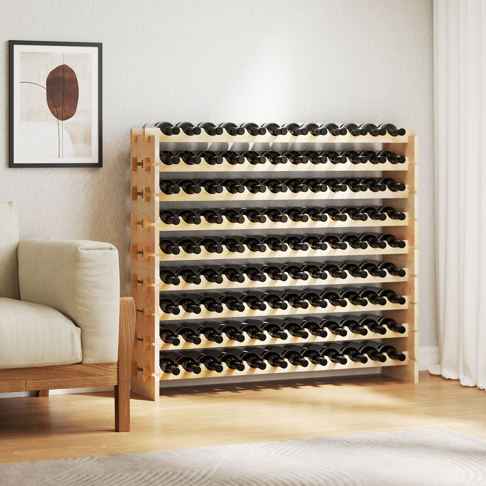 Image of 9 Level Wine Rack For 108 Bottles, Pine Wood Ground Bottle Holders, Modular Stackable