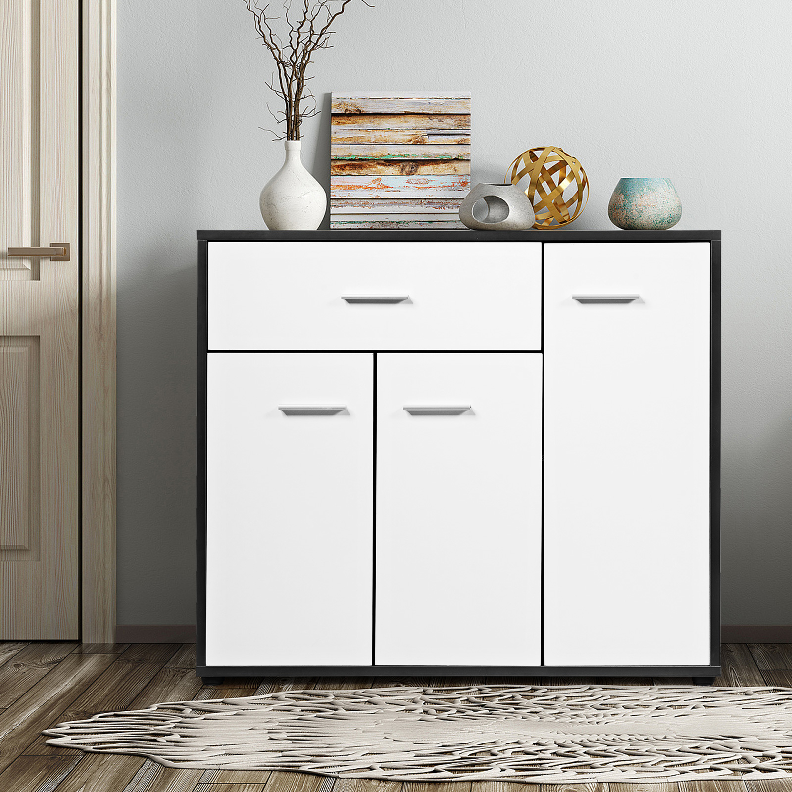 Image of Buffet Cabinet, Wood White Kitchen Sideboard With Spacious Table Top, 2 Door Cabinets, Large Drawer, Adjustable Shelf