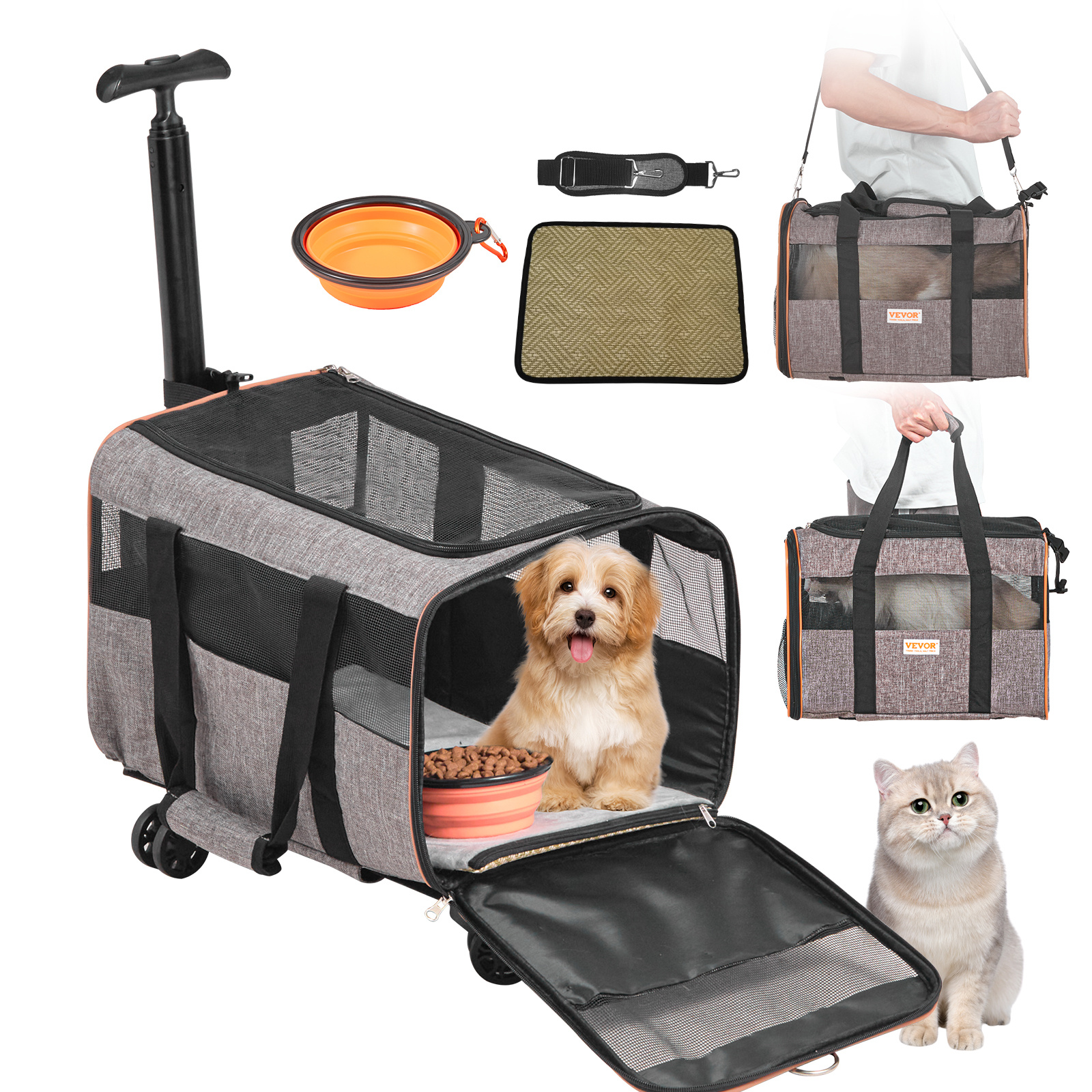 Image of Vevor Cat Carrier With Wheels, Airline Approved Carrier With Telescopic Handle And Shoulder Strap, Dog Carrier With Wheels For Pets Under 22 Lbs, With 1 Folding Bowl, Grey