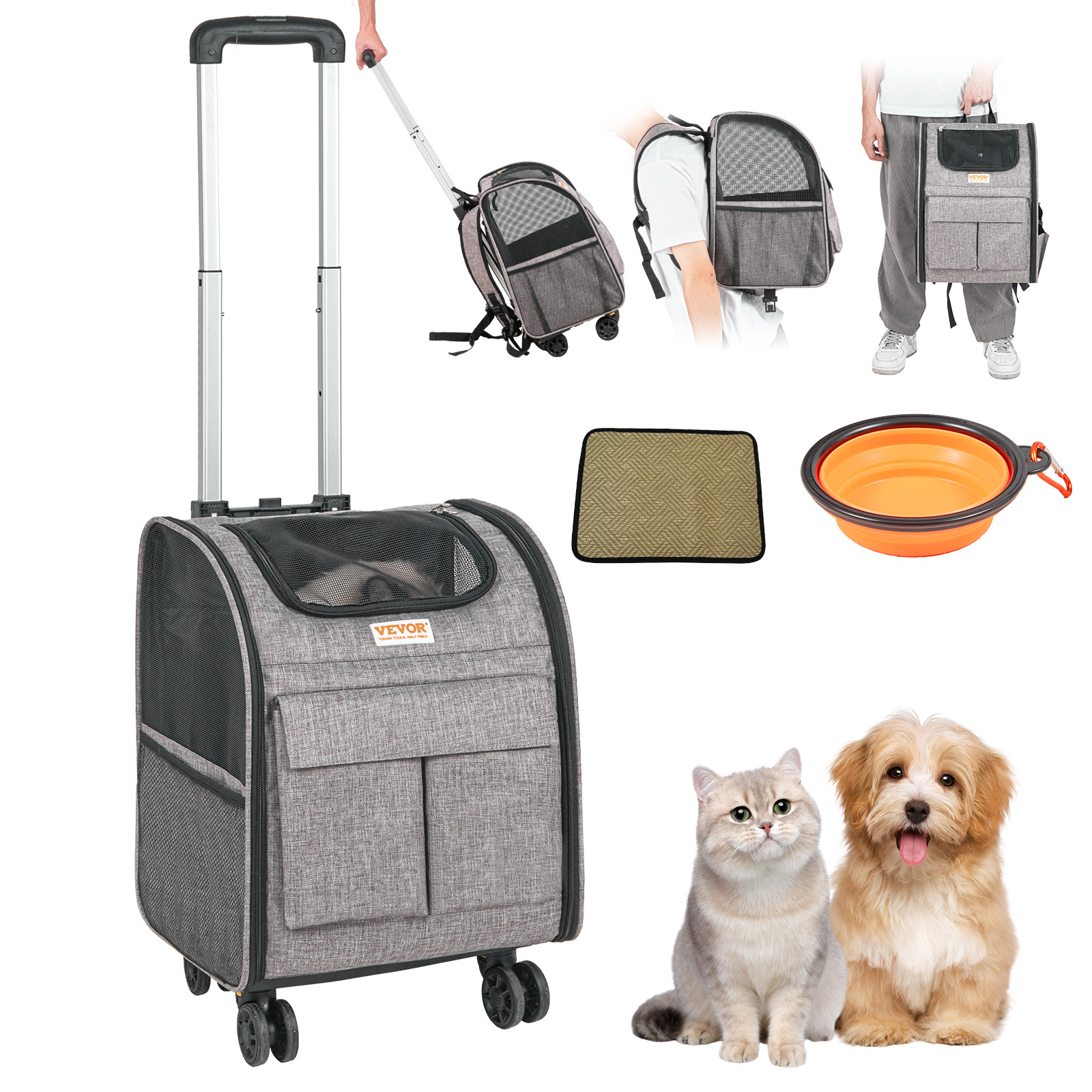 TEMU VEVOR Carrello per con ruote, carrello per animali domestici rotolante con telescopico e cinghia per le spalle, carrello per cani con ruote per