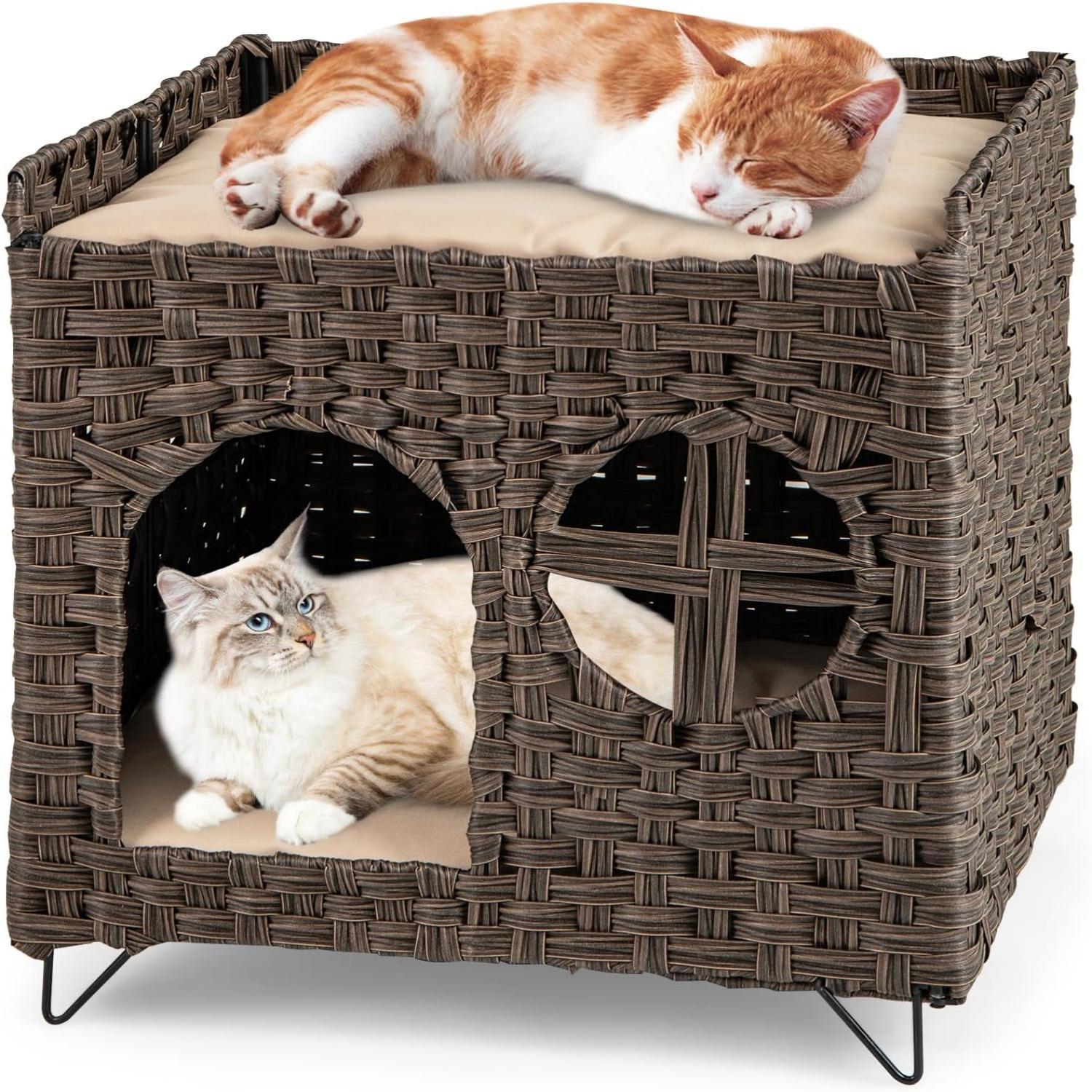 Rotin Cat House, 2 Level Folding With , Upper Platform, 2 Soft Pillows