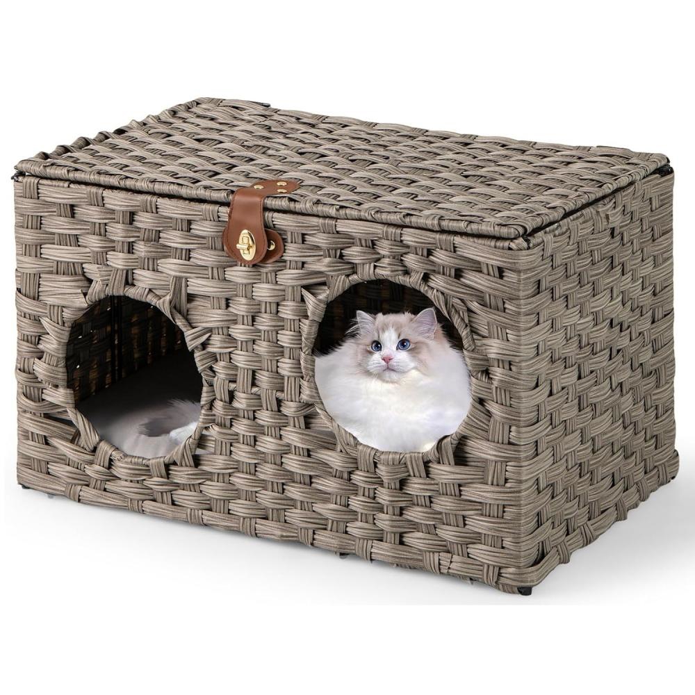 Cat Furniture With , 2 Round Hole Entries, Lid With Loop, Folding Rattan Cat Niche