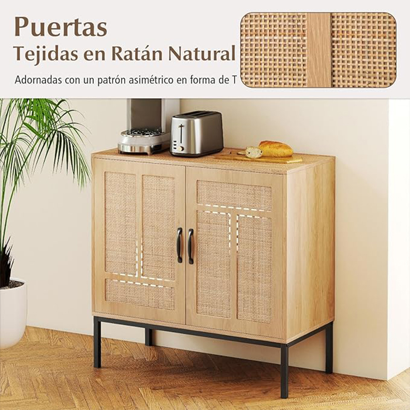 Image of Storage Cabinet, Buffet With 2 Doors In Natural Rattan, 3-position Adjustable Shelf, Metal Feet, Anti-slip Kits