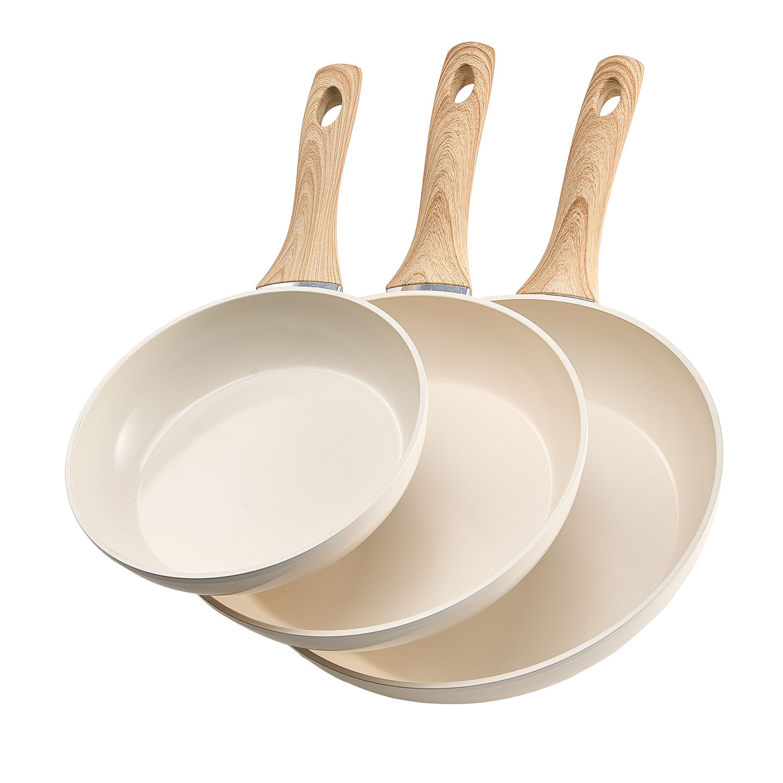 Vevor 3 Pcs Frying Pan Aluminum Set 200 240 280 Mm Handle Beige