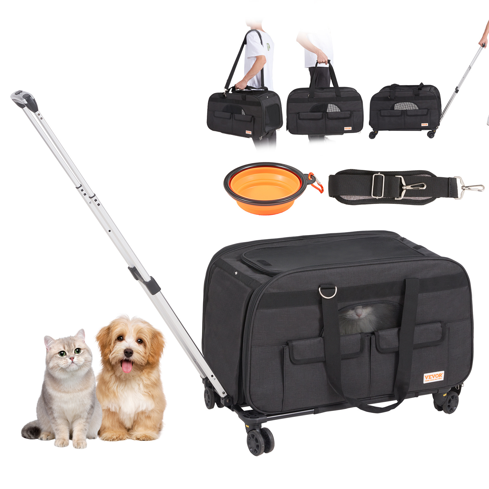TEMU VEVOR Transportín para Gatos con Ruedas, Transportín para Mascotas con Mango Telescópico y Correa de , Transportín para Perros con Ruedas para
