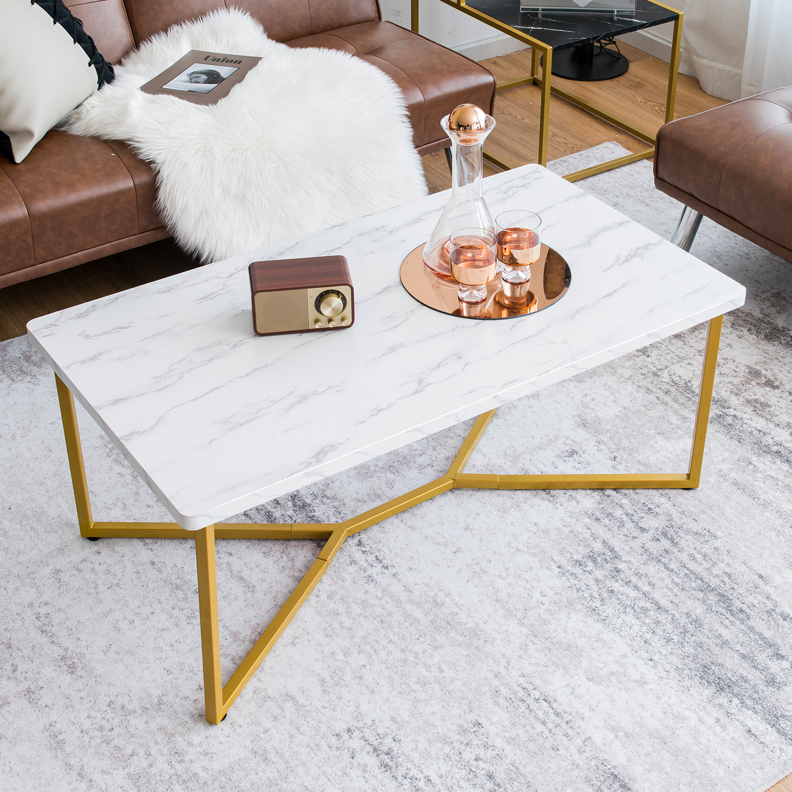 White Marble Coffee Table, Modern Center Table With Gold Finished Metal Frame, Luxurious Sofa Side Table, Rectangular Cocktail Table For Living Room, Office, Lounge