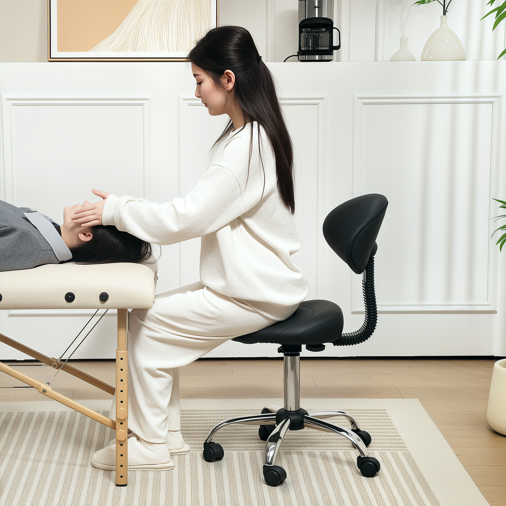 Height-adjustable Rolling Stool With Backrest, Swivel Stool 83-98 Cm, Work Stool, 360° Rotatable Stool, Office Stool, Stool For Office, Salon, Massage, Spa, Black