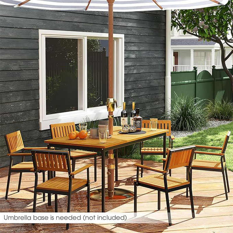55" Patio Dining Table, 6 People Acacia Wood Dining Table With Slatted Tabletop, U-shaped Frame, Adjustable Foot Pads