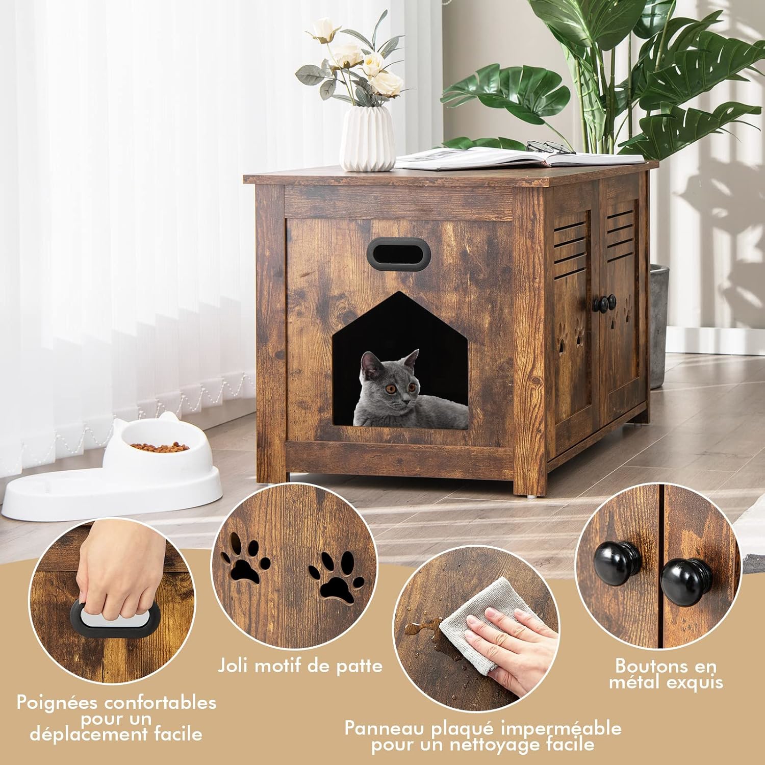 Cat Litter Box Enclosure, Side Entrance, Enclosed Cat House End Table, Hidden Cat Washroom