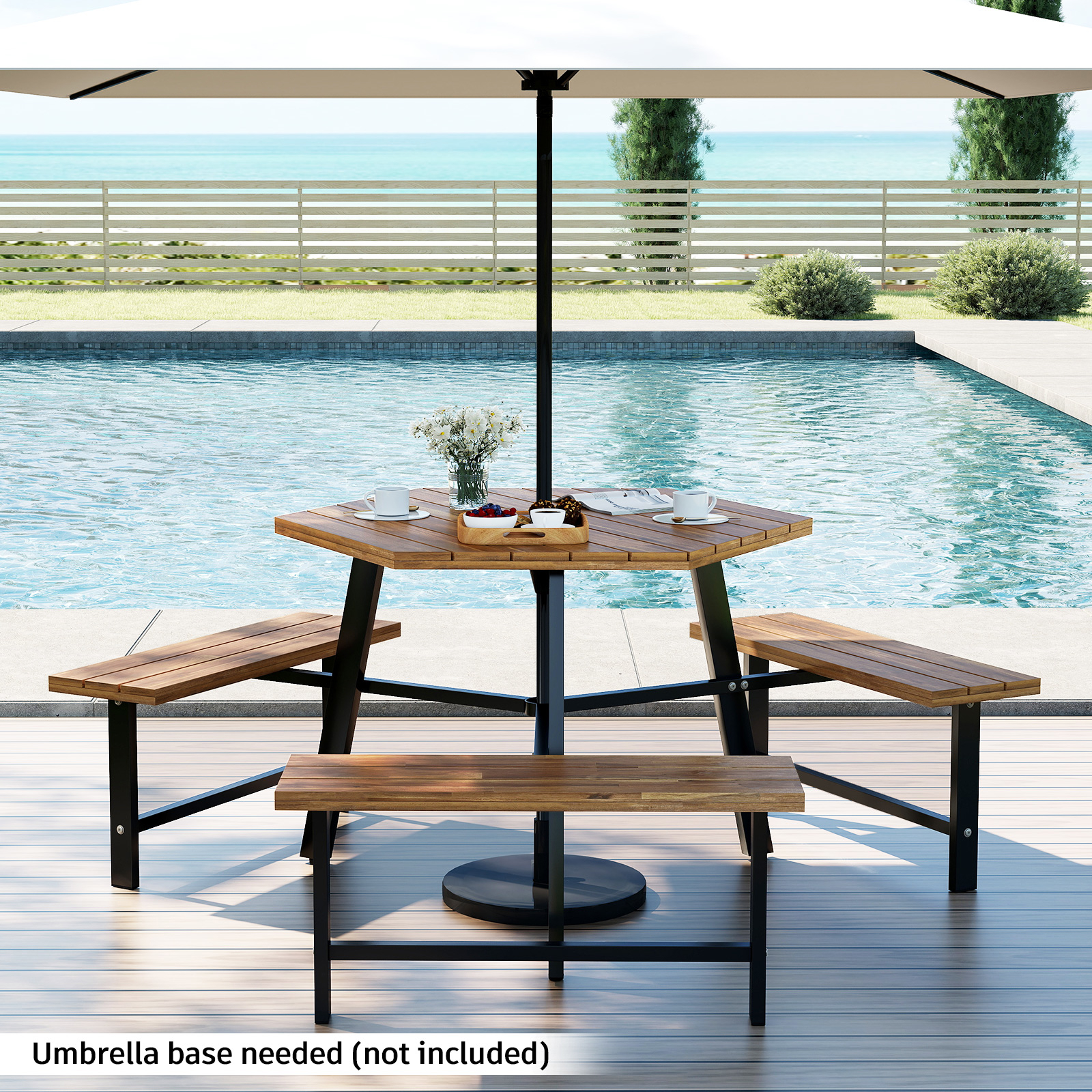 6 Person Acacia Wood Picnic Table With 3 Built-in Benches, Dining Table Bench Set With Umbrella Hole And Metal Frame
