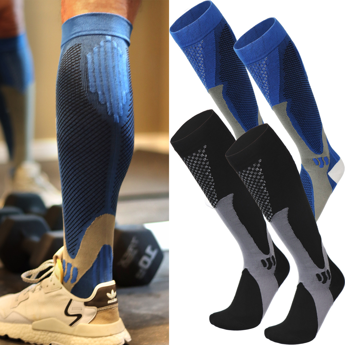 Image of Compression Socks For 39 - 42 43 - 46, 15 Mmhg Pressure, Ideal For Outdoor Sports Like Soccer, Perfect For Running, Traveling, Cycling & Everyday Athletic Activities, Black+blue