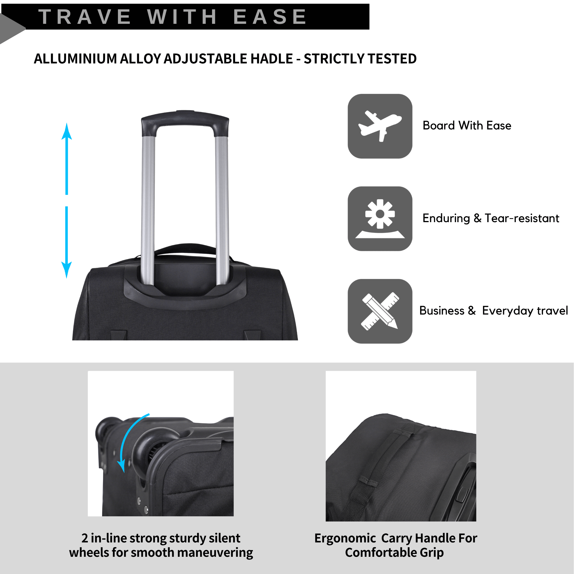 Large Rolling Travel Duffel Bag, Lightweight Soft-Sided Holdall with Wheels
