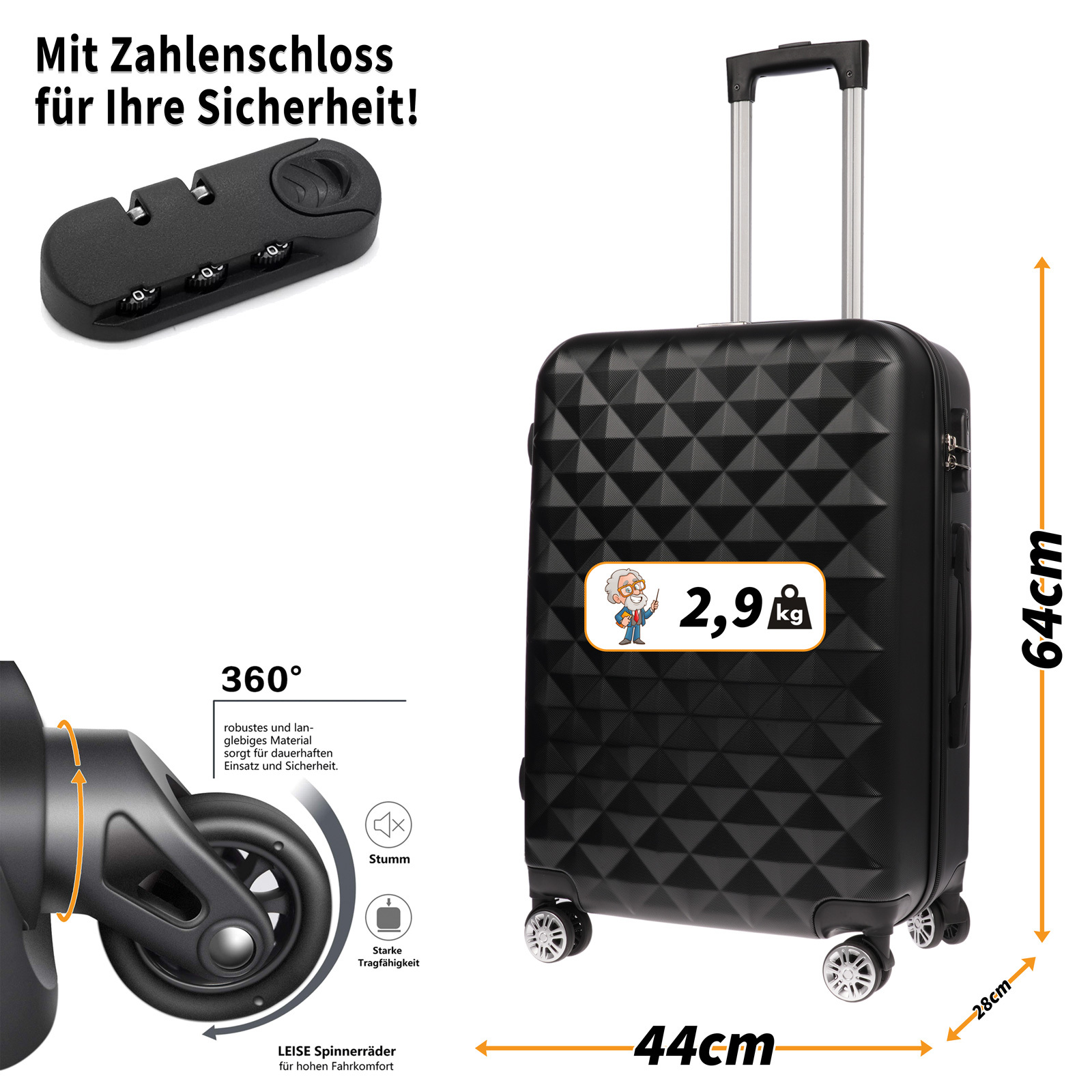 Christian Wippermann Travel Suitcase, Size L, 4-wheel, Large, 44x64x27.5 Cm, Lock, 77 , 2.8 Kg, Lightweight For
