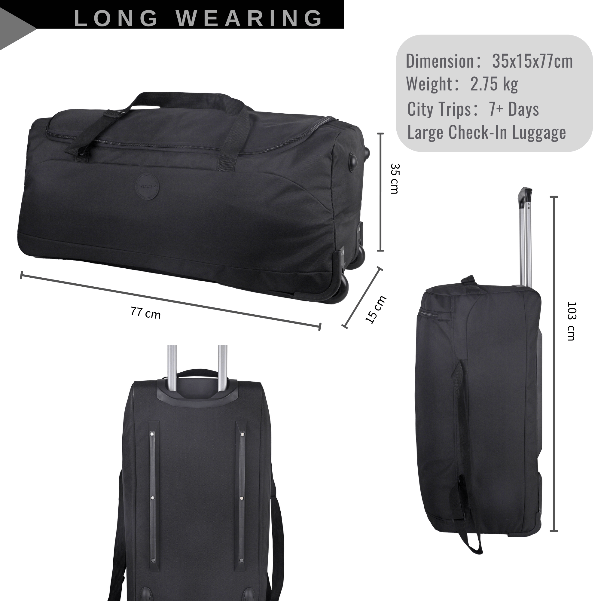 Large Rolling Travel Duffel Bag, Lightweight Soft-Sided Holdall with Wheels