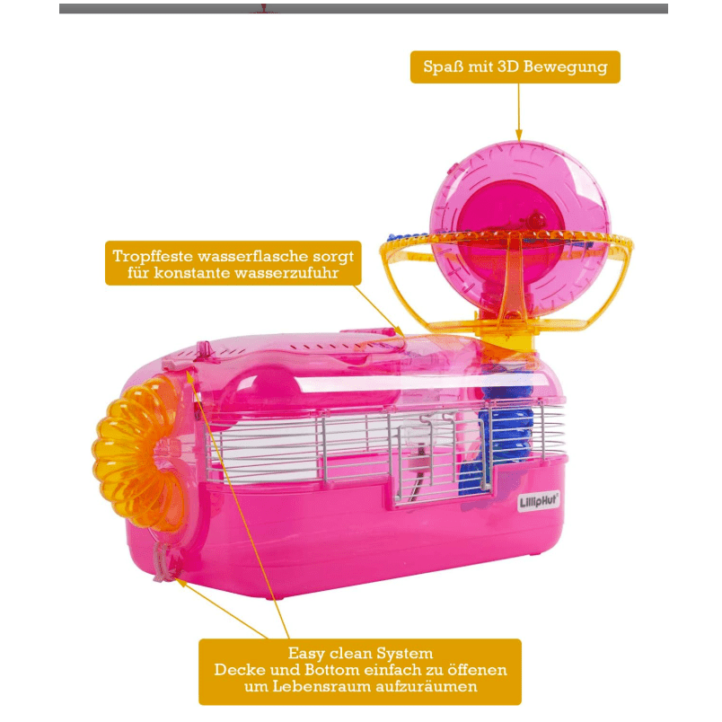 Image of Hamster Exercise Wheel Toy Transport Box For Hamsters Rodents Mice With Tube System, Drinking Bottle (model 1 - Pink)