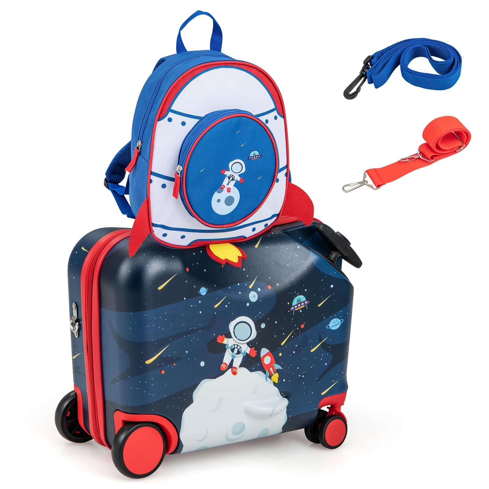 Image of 2-piece Kids Luggage Set + Backpack, 12"+18" Rolling Suitcase With Wheels And Waterproof Hard Shell, Children's Luggage With Backpack For Boys And Girls (astronaut Theme)