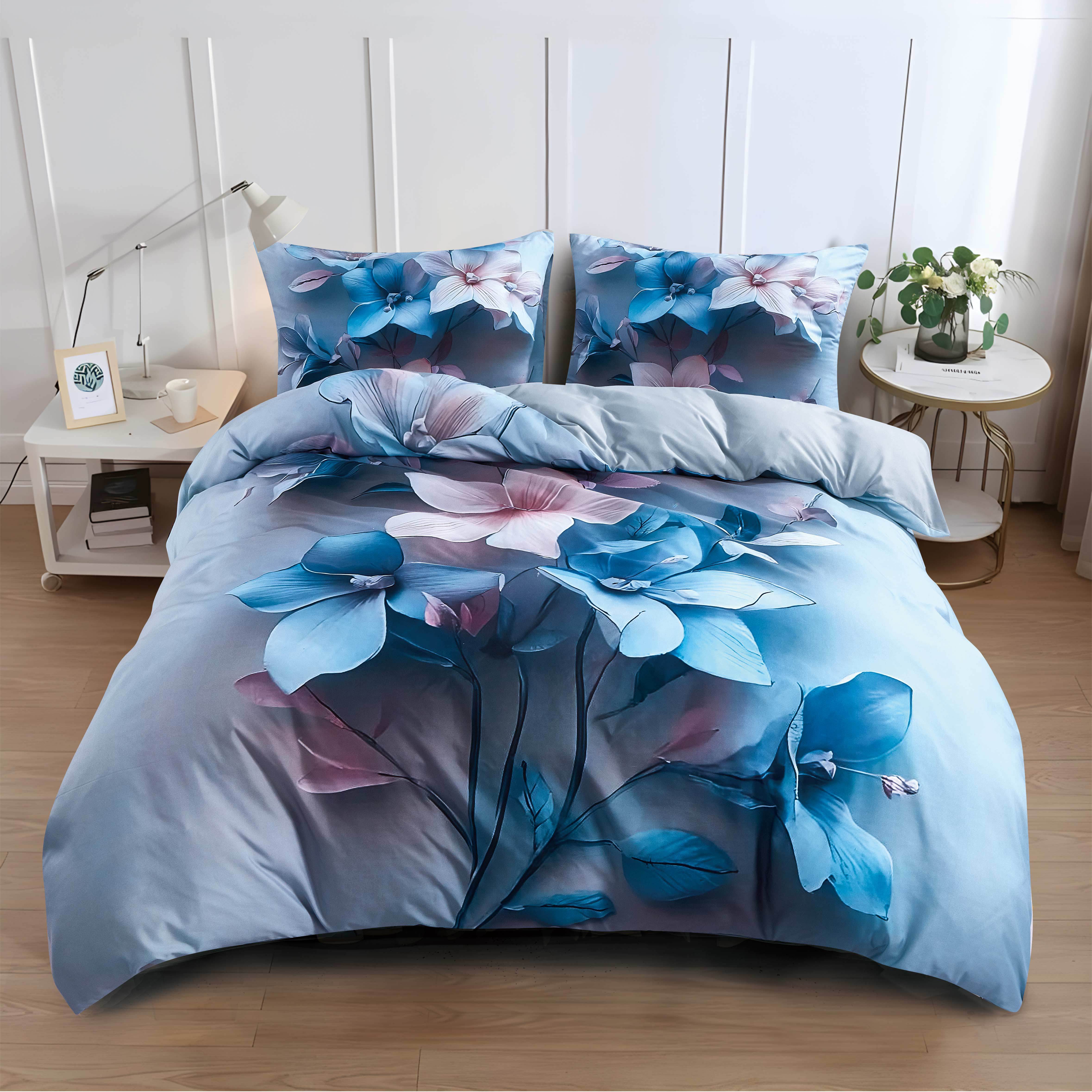 Image of 2/3pcs Blue & Pink Floral Bedding Set｜1 Duvet Cover + 1/2 Pillowcases｜scandinavian Ins-style Must-have