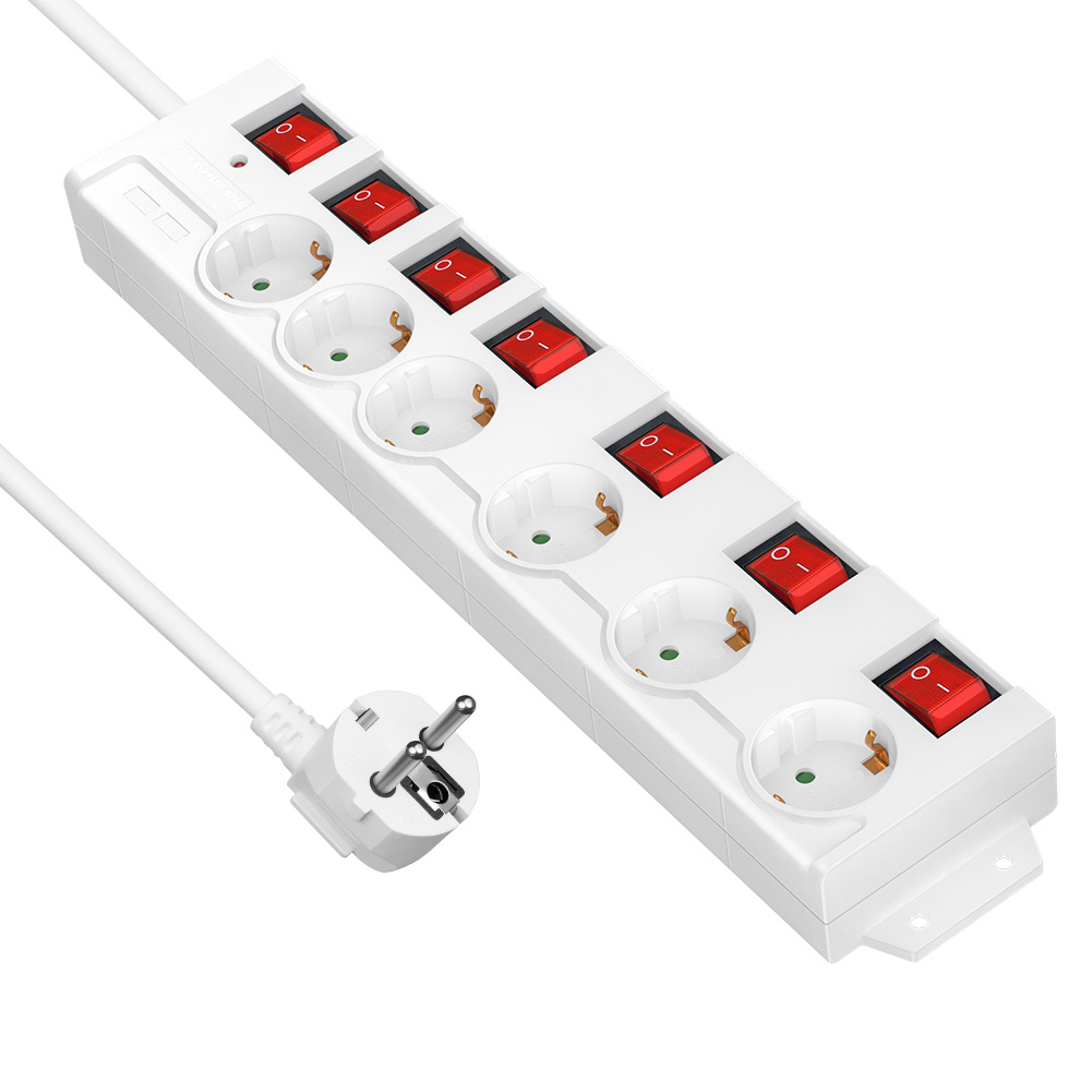 Individually Switchable Power Strip, 6-outlet Power Strip With Switch, Multi-socket Outlet With Protection, Child Safety Lock, 90° Rotated, 2m/, White