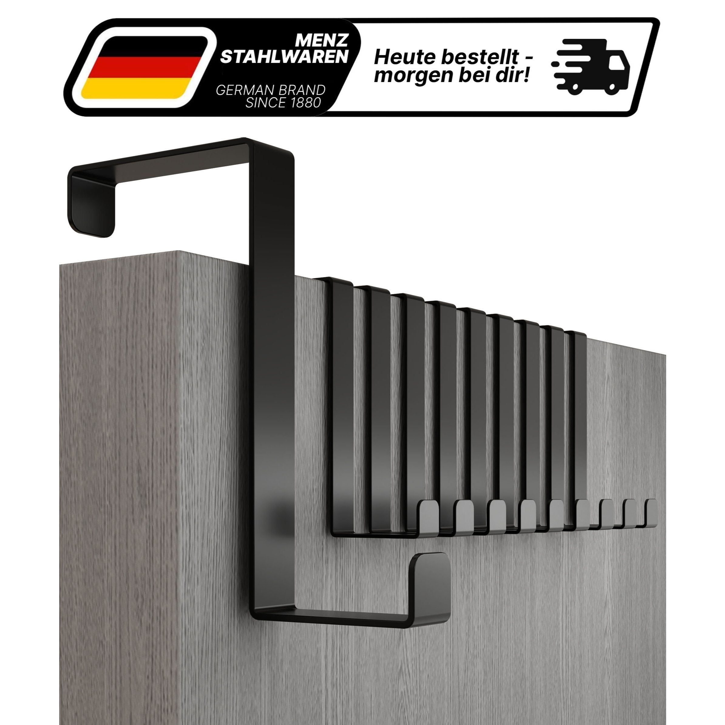 Lindenstein 10pcs Set Stainless Steel Door Hooks - High-quality Black Coat Hooks (41mm Width) | Extra Stable Door Wardrobe | On Any Door