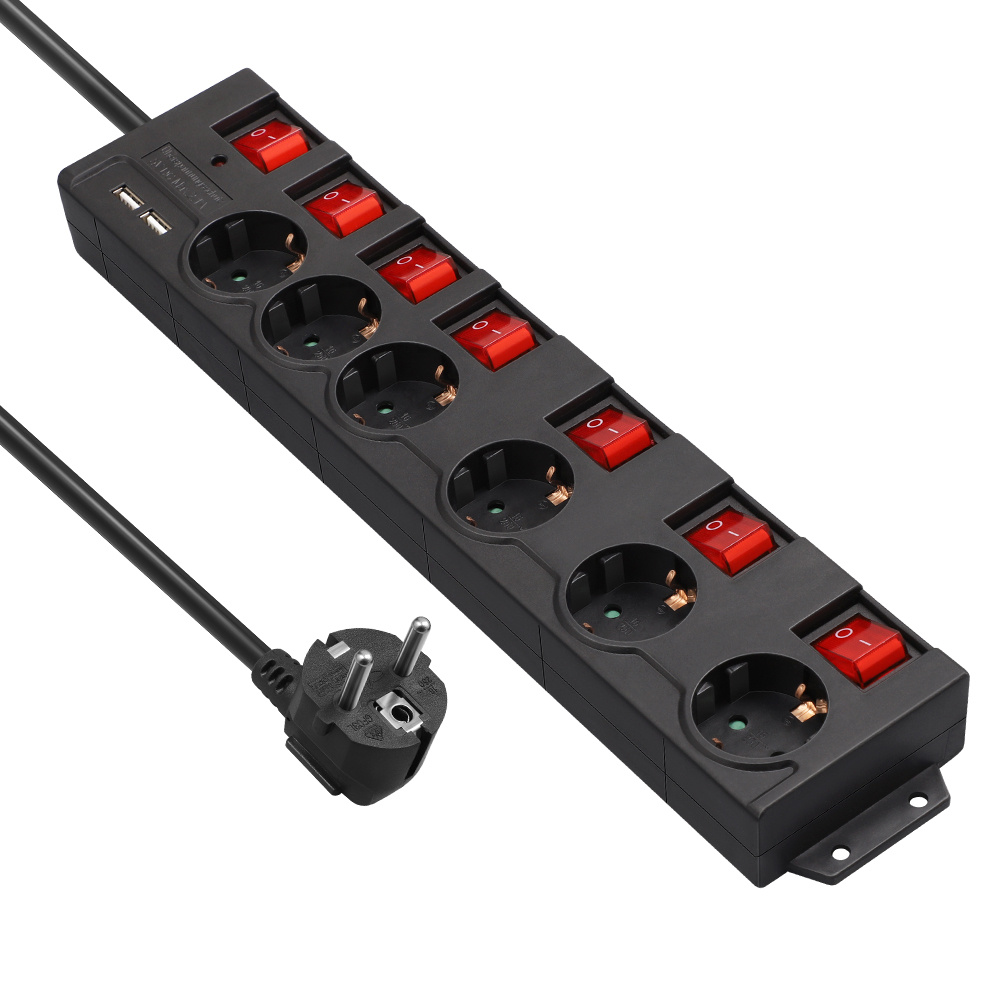 Individually Switchable Power Strip, 6-outlet Power Strip With Switch, Multi-socket Outlet Safety Lock, 90° Rotated, 2m, Black